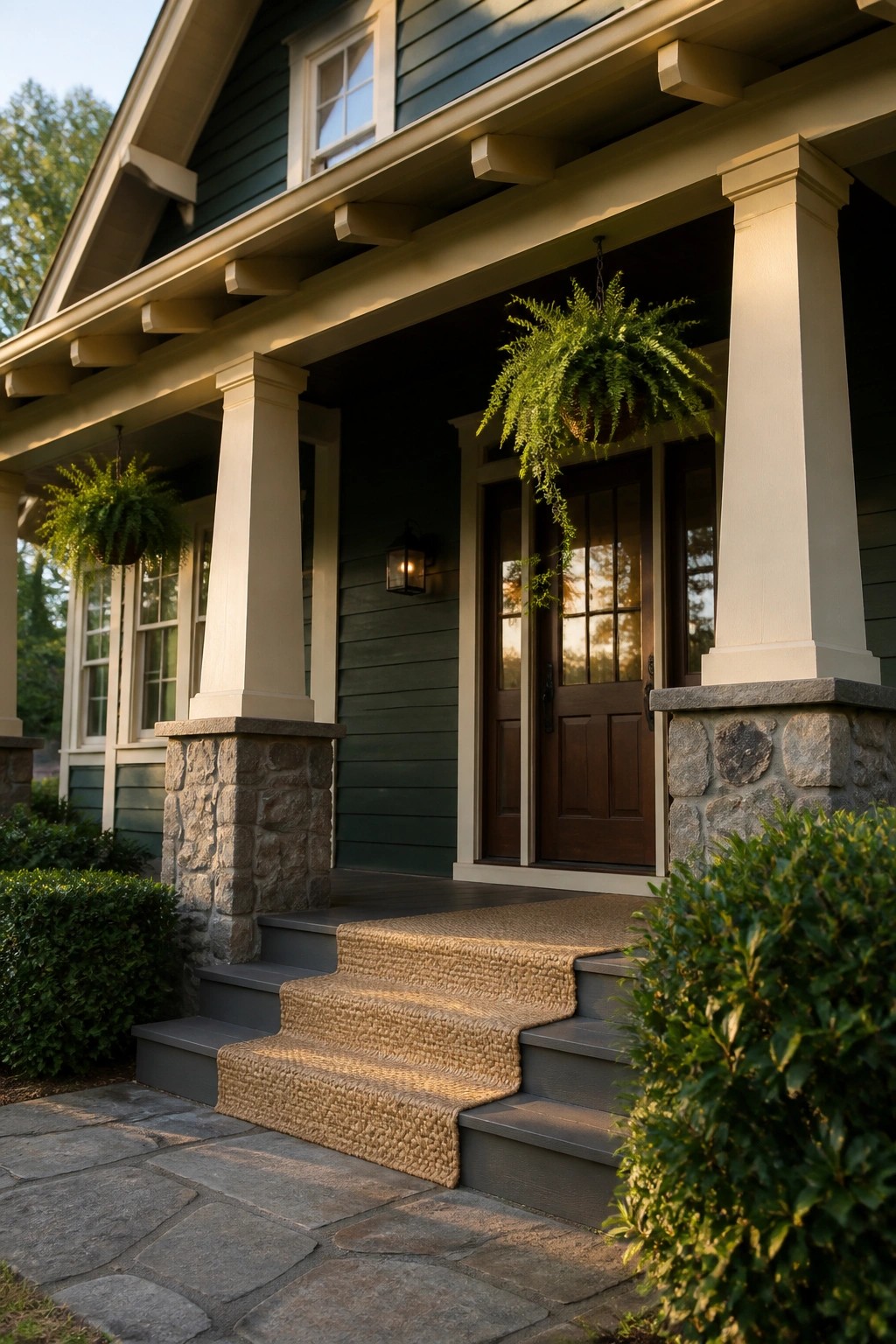 Stone steps with woven runner lead to wooden door on green house porch.