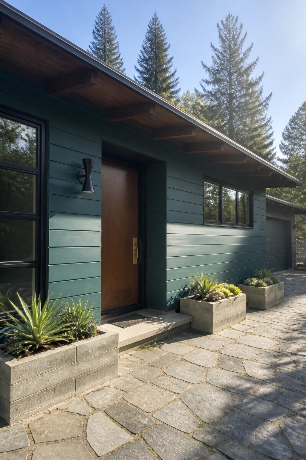 Modern teal house entrance with wooden door, black sconce, stone planters, and paved path.