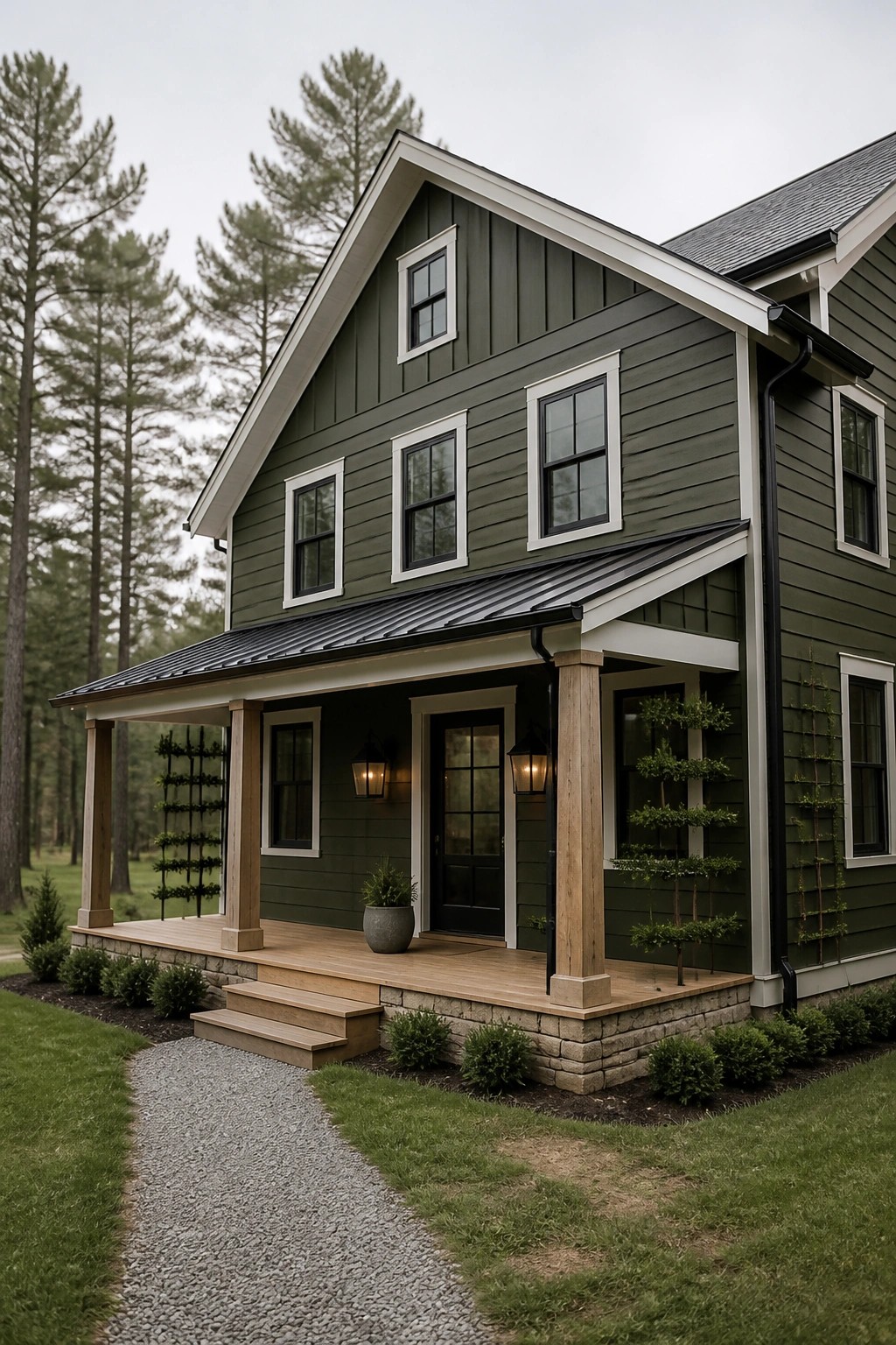Dark green two-story house with white trim, wooden porch, and gravel path.