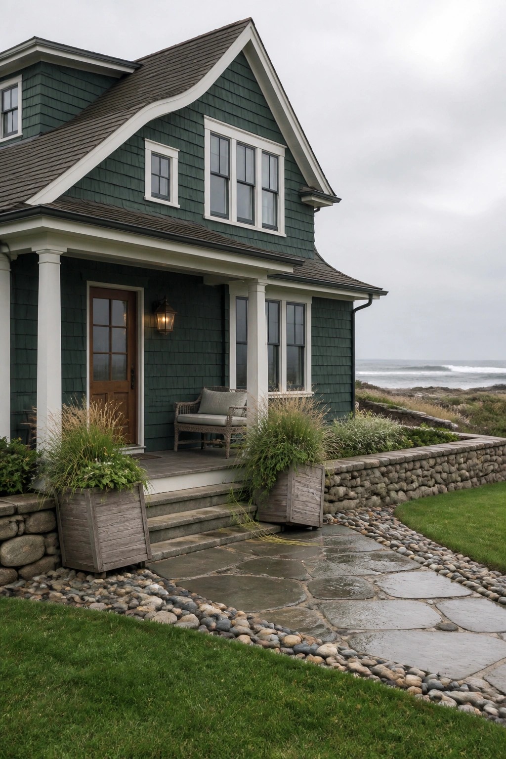 Green shingled house with white porch overlooking ocean, stone path and planters.