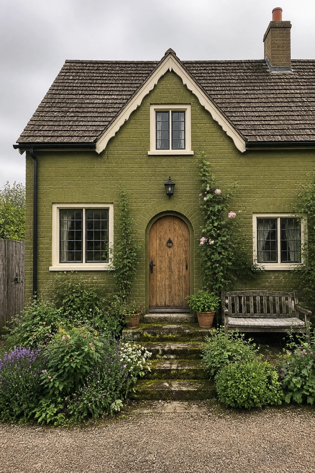 A house exterior painted in deep green brick with white trim and a wooden door.