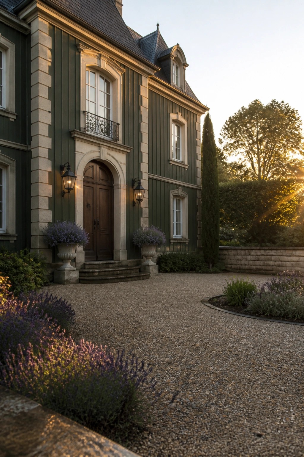 Traditional house exterior with deep green siding and light stone trim.