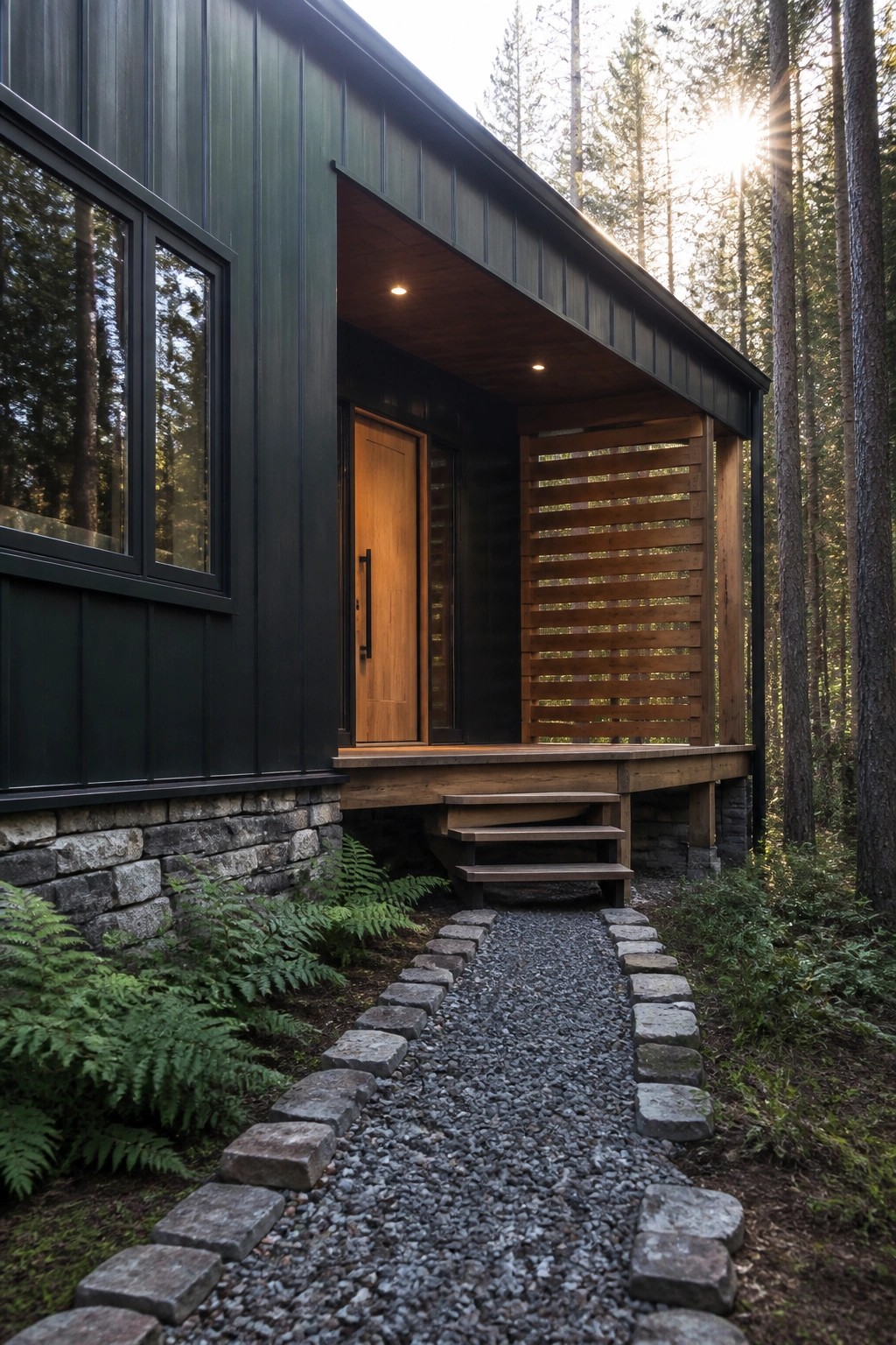 Modern dark green cabin with wooden porch, door, and gravel path in forest