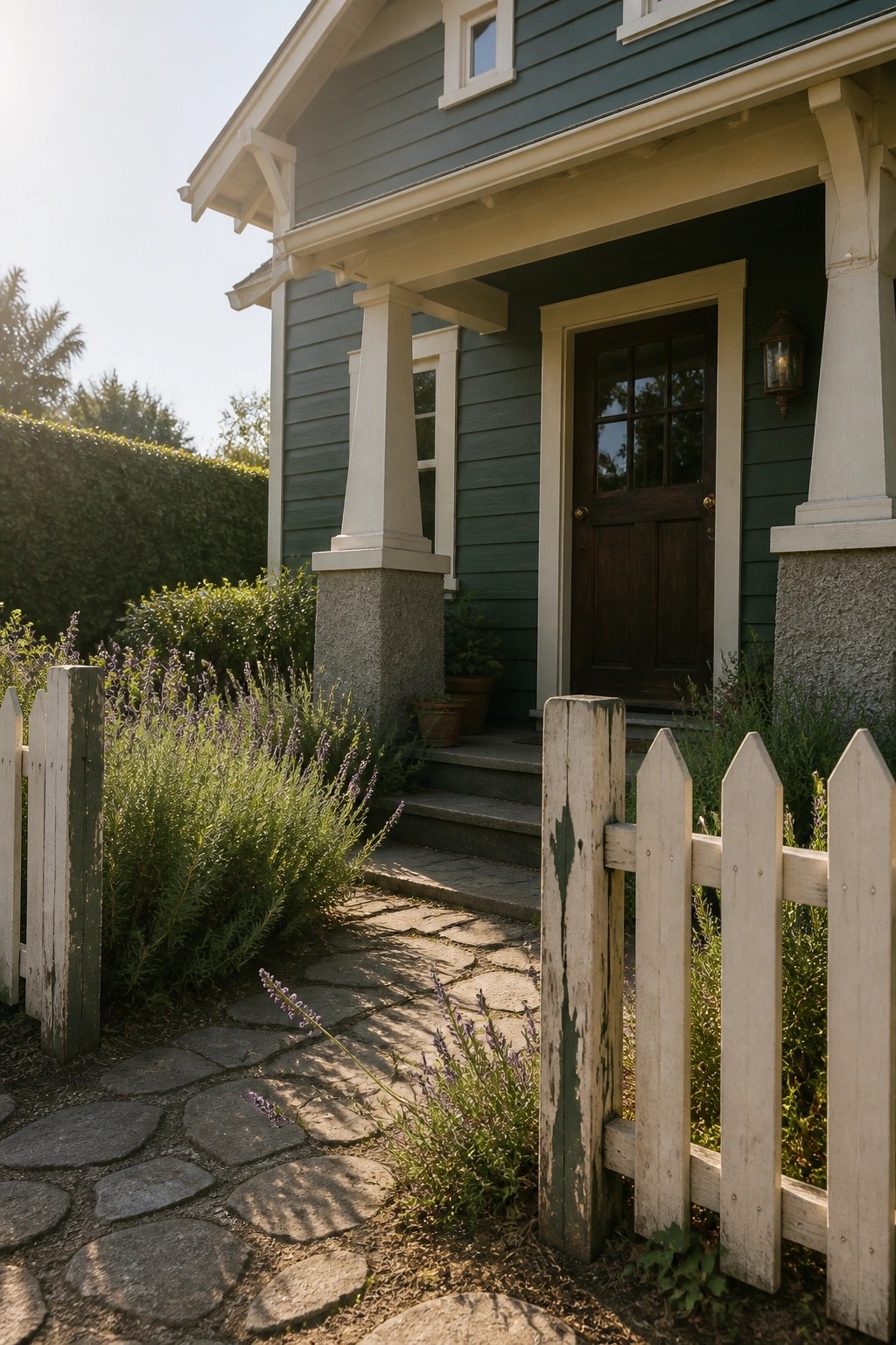 Dark green house siding with white trim and stone porch columns along a stone path.