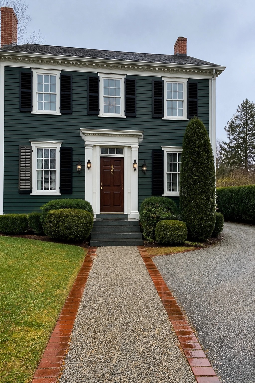 Two-story dark green house with black shutters, brown door, and brick-edged gravel path.