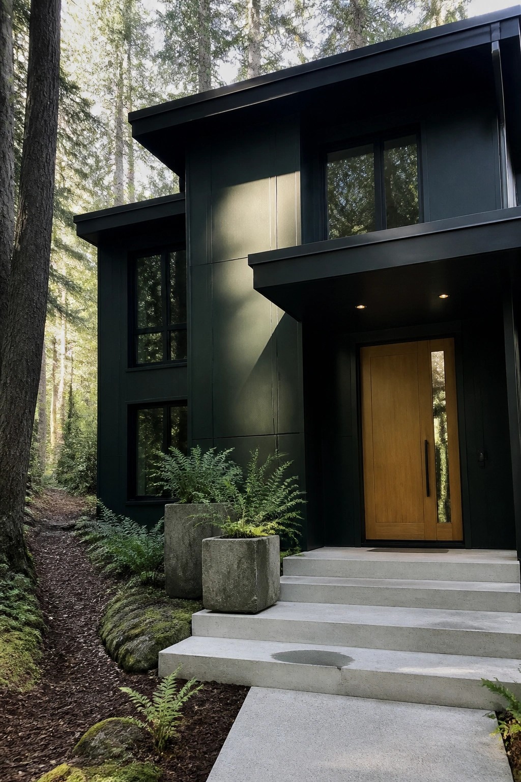 Modern house exterior painted in a deep dark green with black trim and a wood entry door.