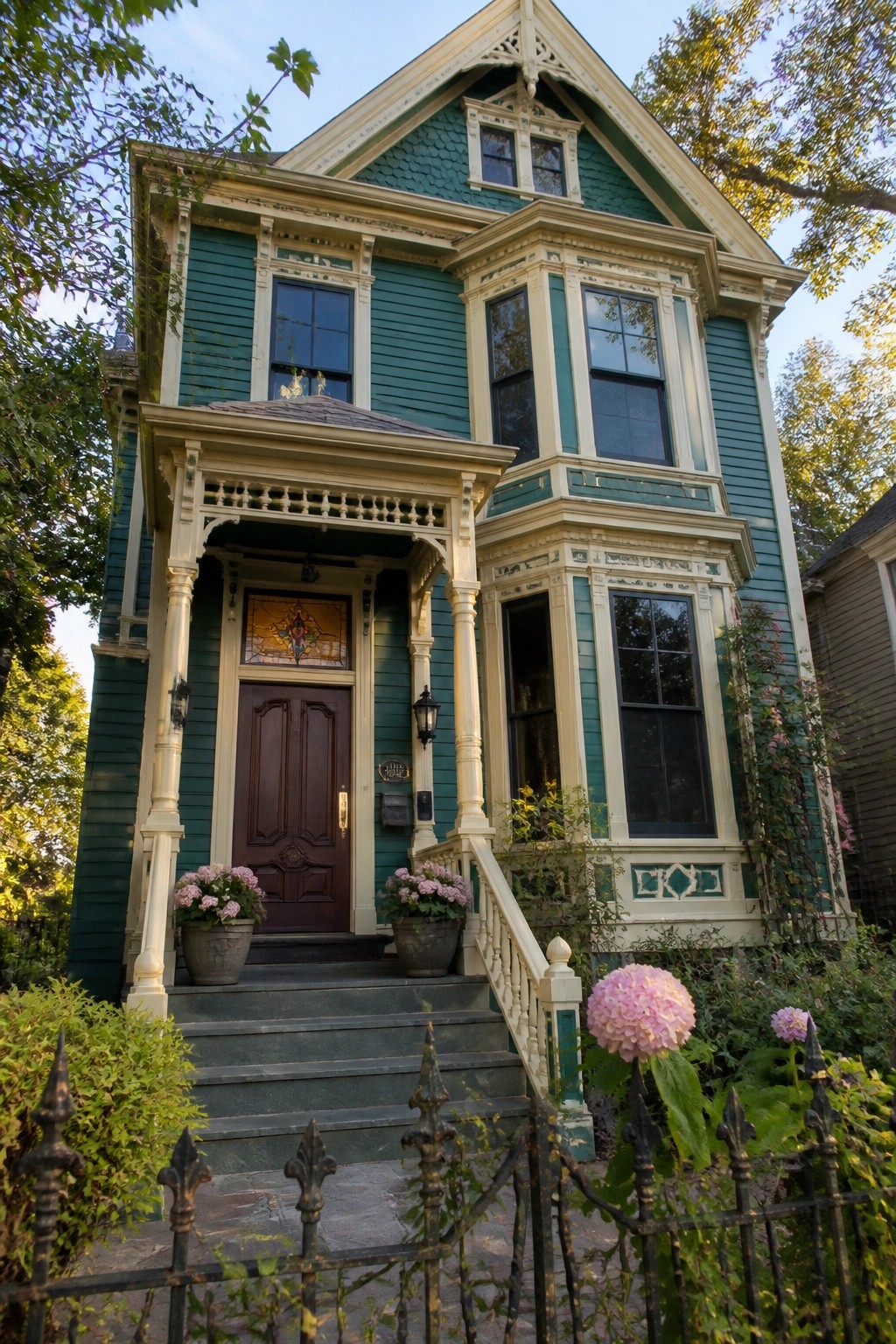 Teal Victorian house with cream trim, dark door, porch steps, and pink hydrangeas.