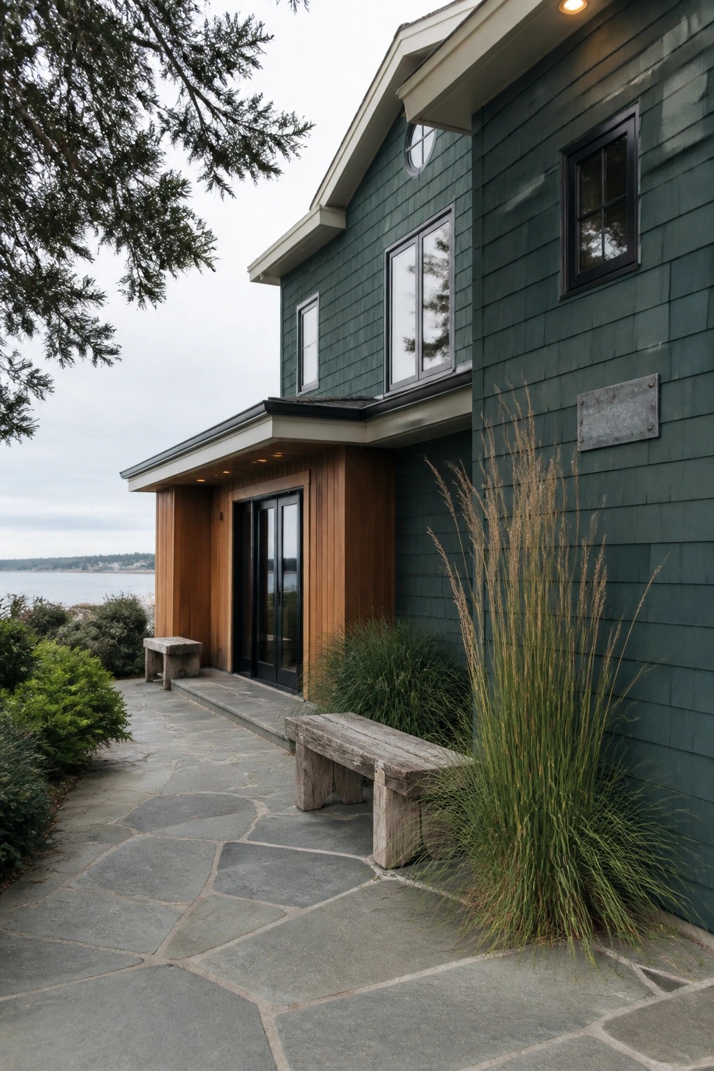 Modern green shingled house with wooden entry, stone path, bench, and tall grass by water.