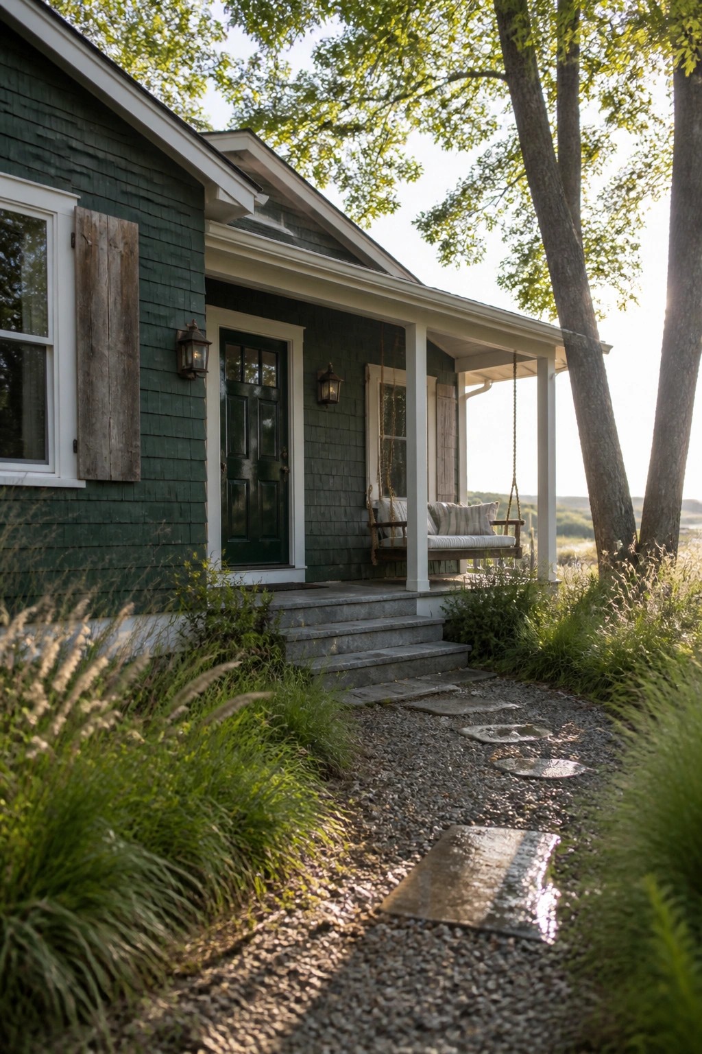 Dark green cottage with white porch swing, gravel path, and trees