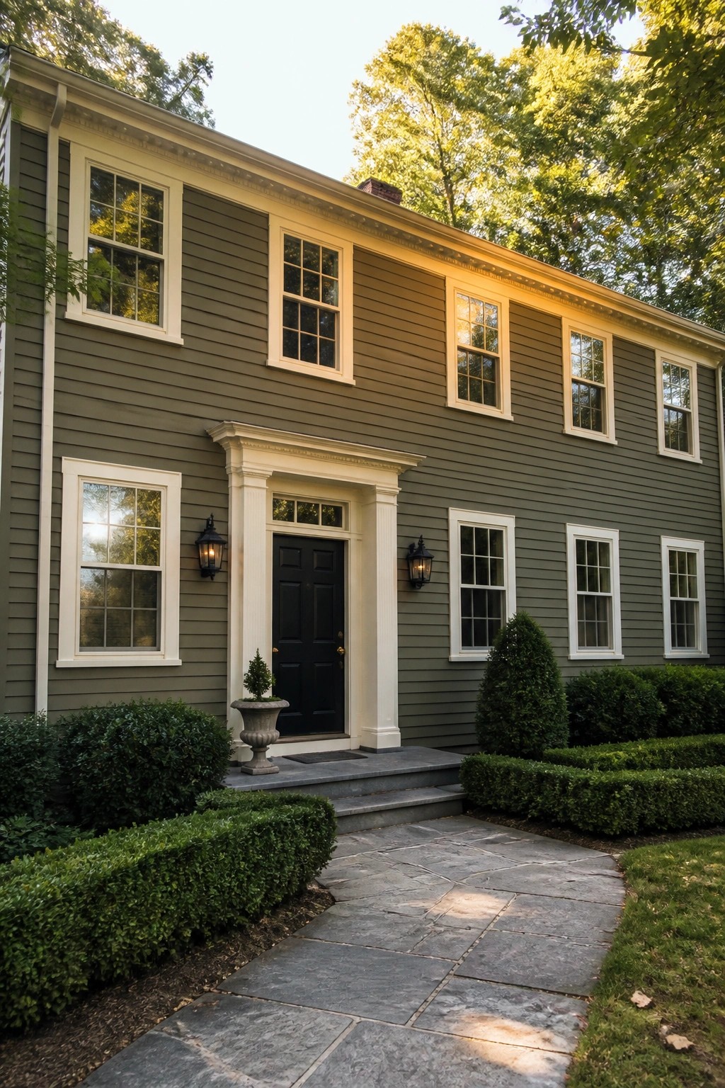 Two-story gray house with black door, white trim, stone walkway and green shrubs.