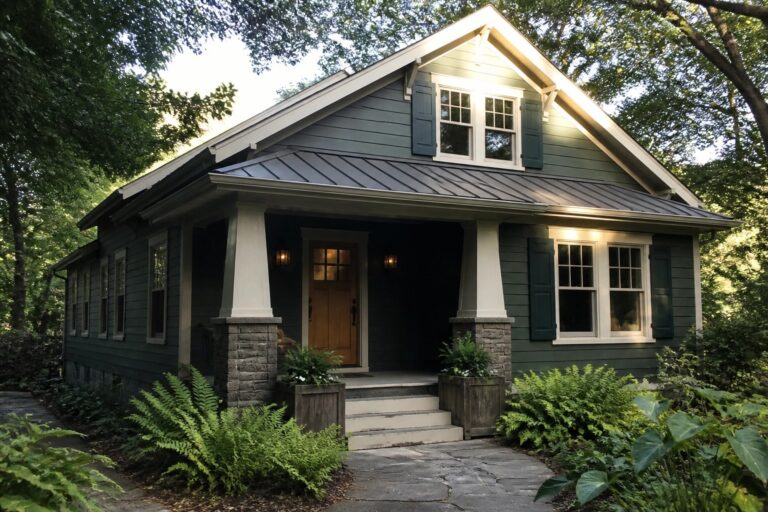 23 Rich Dark Green Exterior House Colors for Homes Surrounded by Trees Charming dark green house with wooden door, stone porch, and lush garden pathway