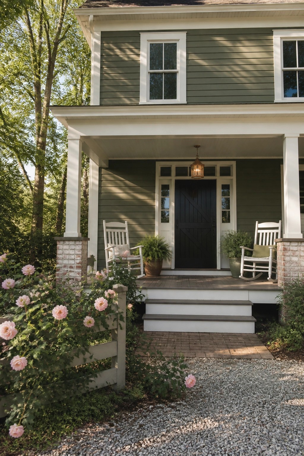 House exterior with dark green siding, white trim, and a front porch.