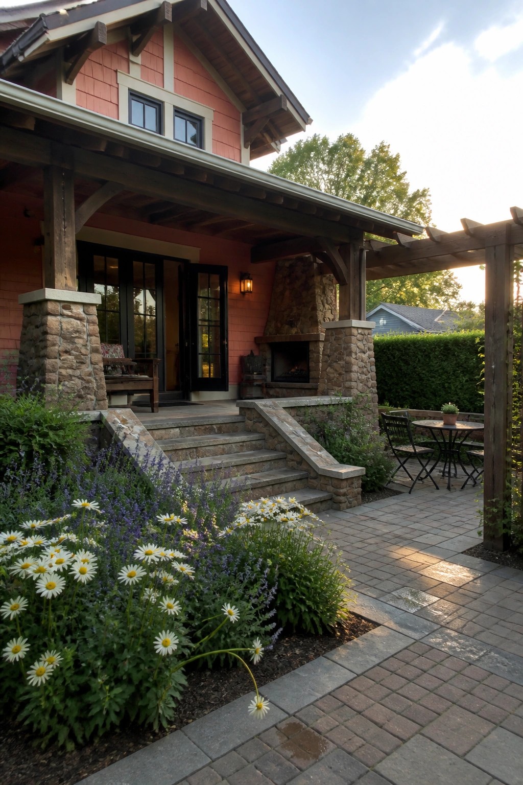 A pink Craftsman house exterior with dark wood beams, stone porch pillars, a stone chimney, and steps leading to a covered entry.