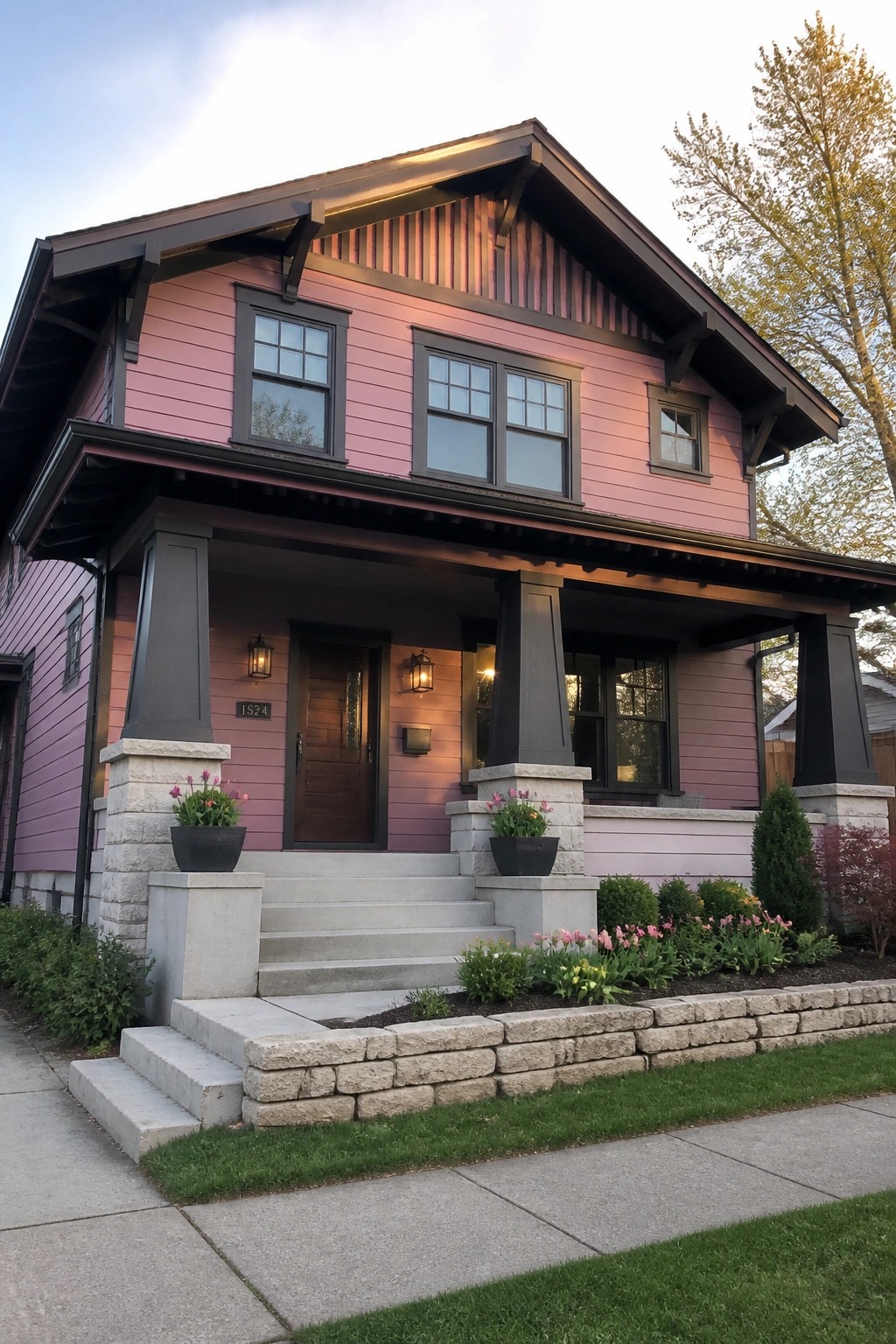 A two-story pink Craftsman house with dark trim, a covered front porch on stone piers, concrete steps, and potted flowers beside the door.