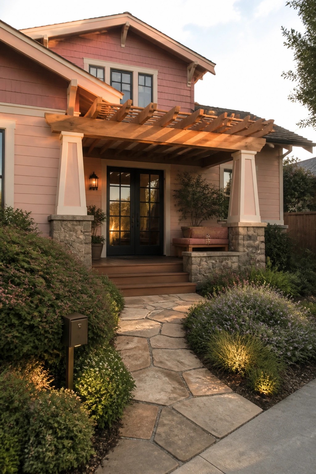 Pink house with wooden pergola, stone pillars, flagstone path, and lush garden.