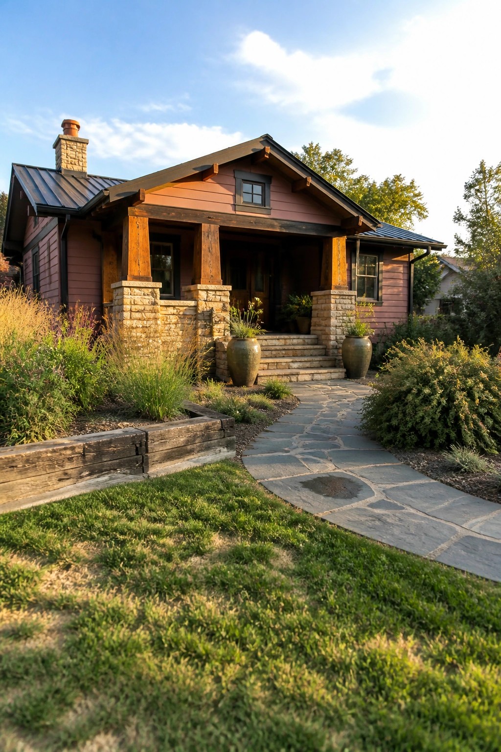 Pink craftsman house with stone porch pillars, flagstone path and lush garden.