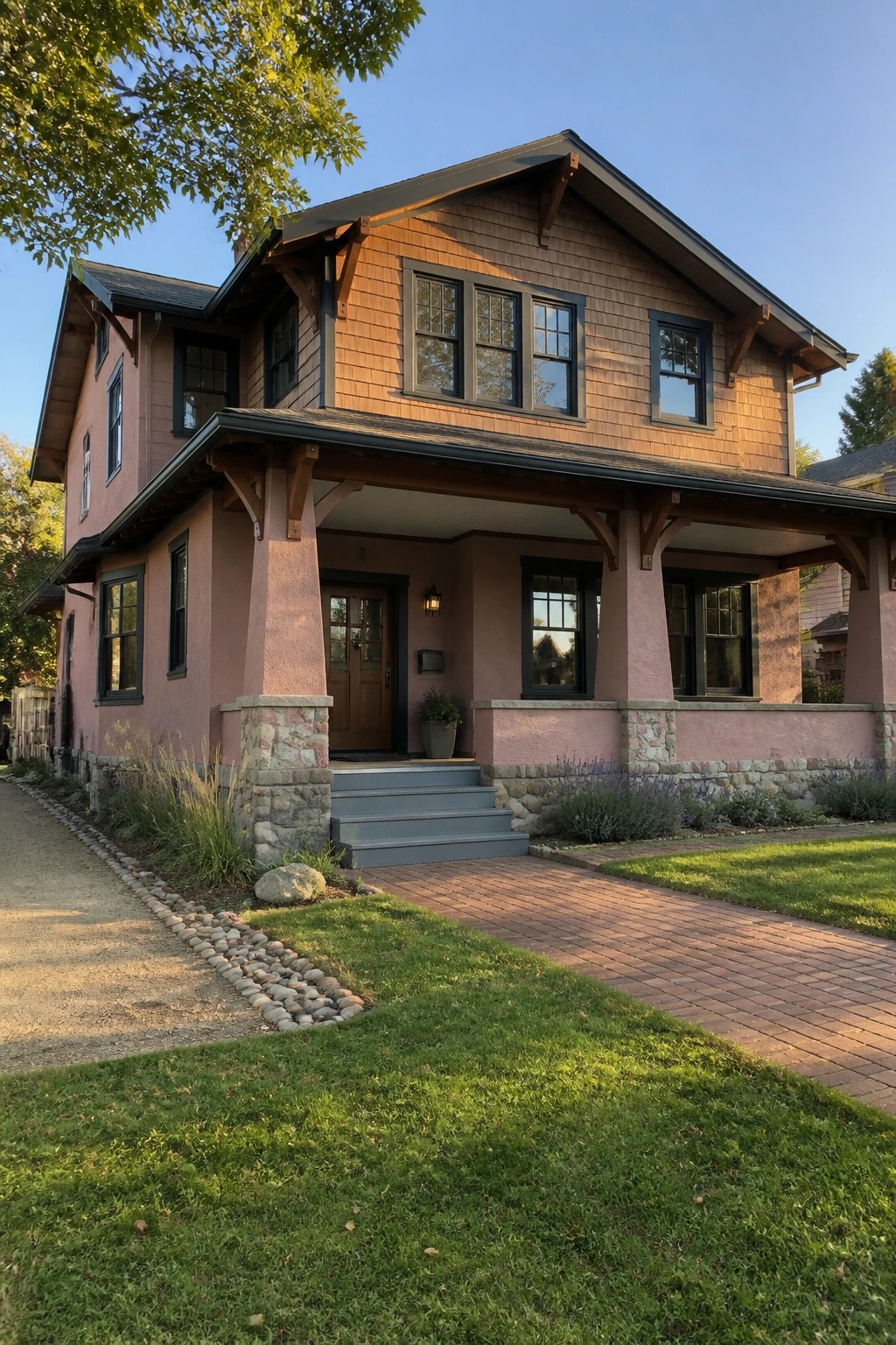 Pink two-story house with shingled upper level, covered porch, stone pillars, and brick driveway