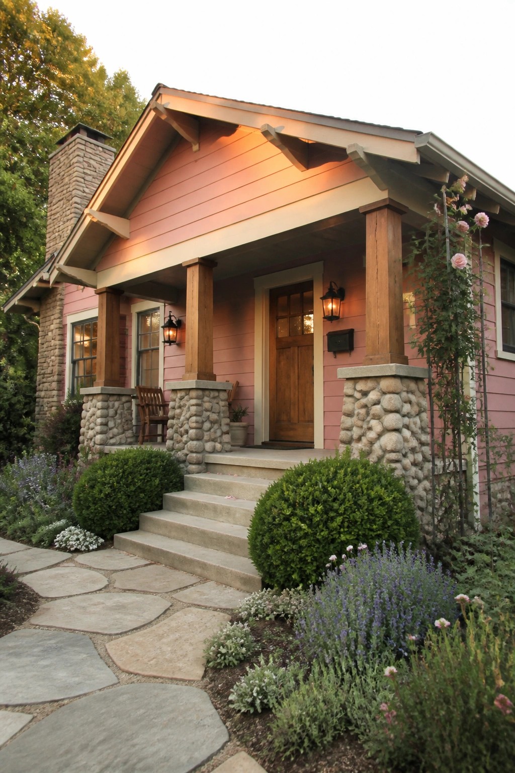 Pink cottage with stone pillars, wooden porch, steps, and blooming garden path.