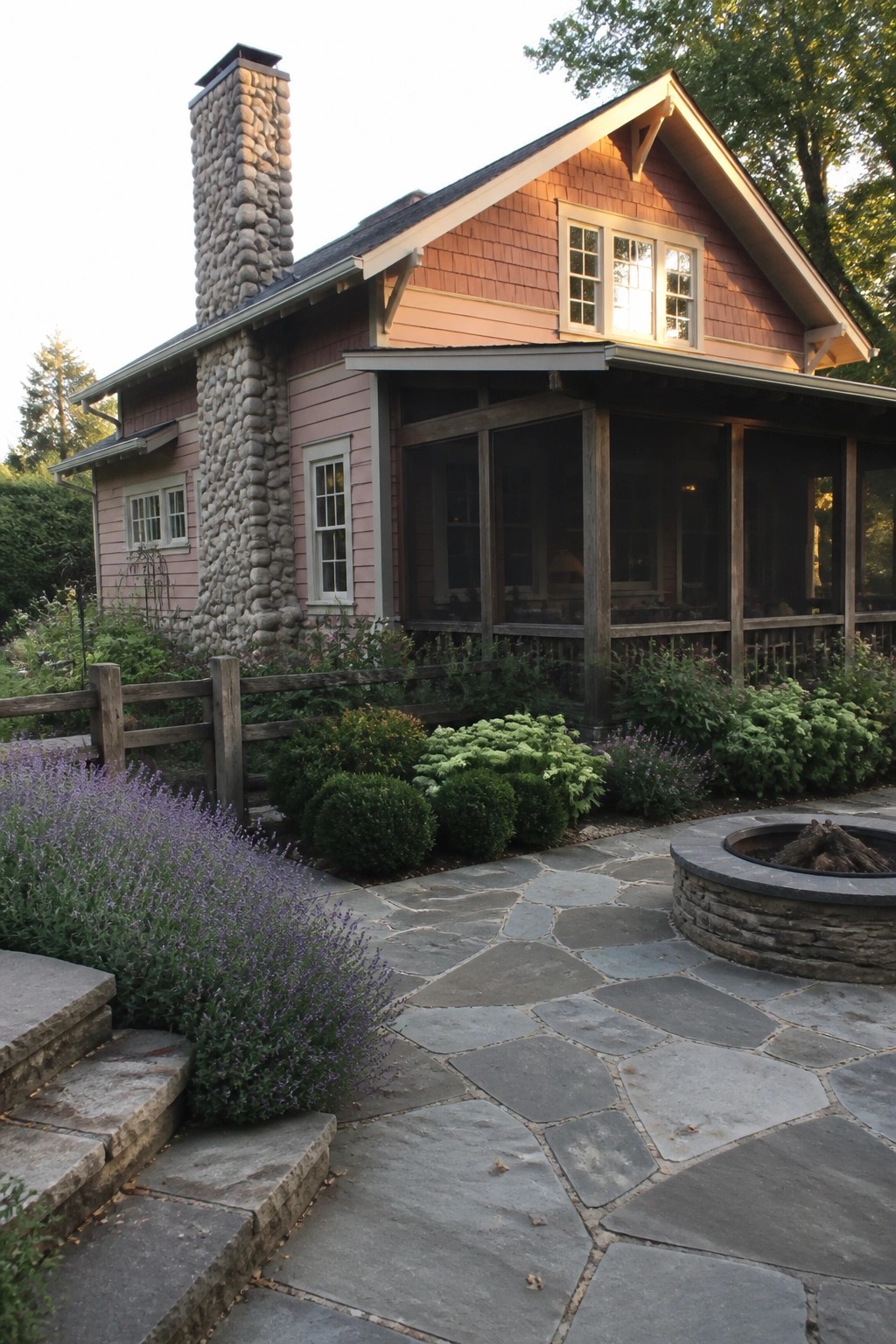 Stone chimney rises from pink house beside screened porch and fire pit patio