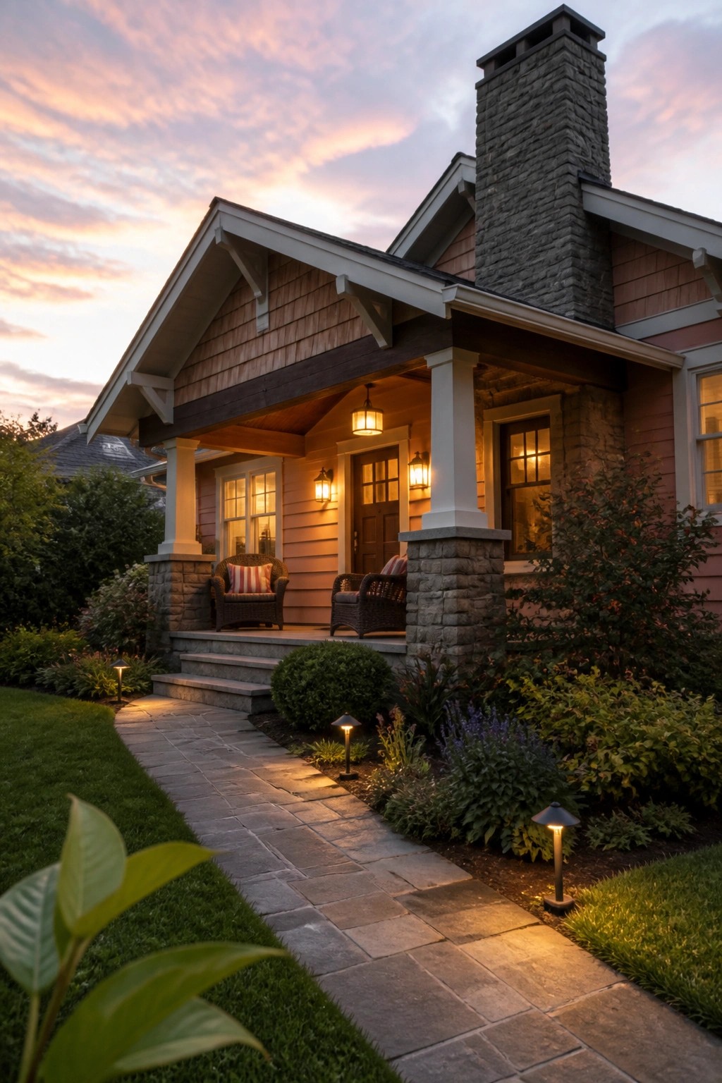 A pink Craftsman house at dusk with stone porch piers, a tall stone chimney, wood shingle siding, and a lit front porch.