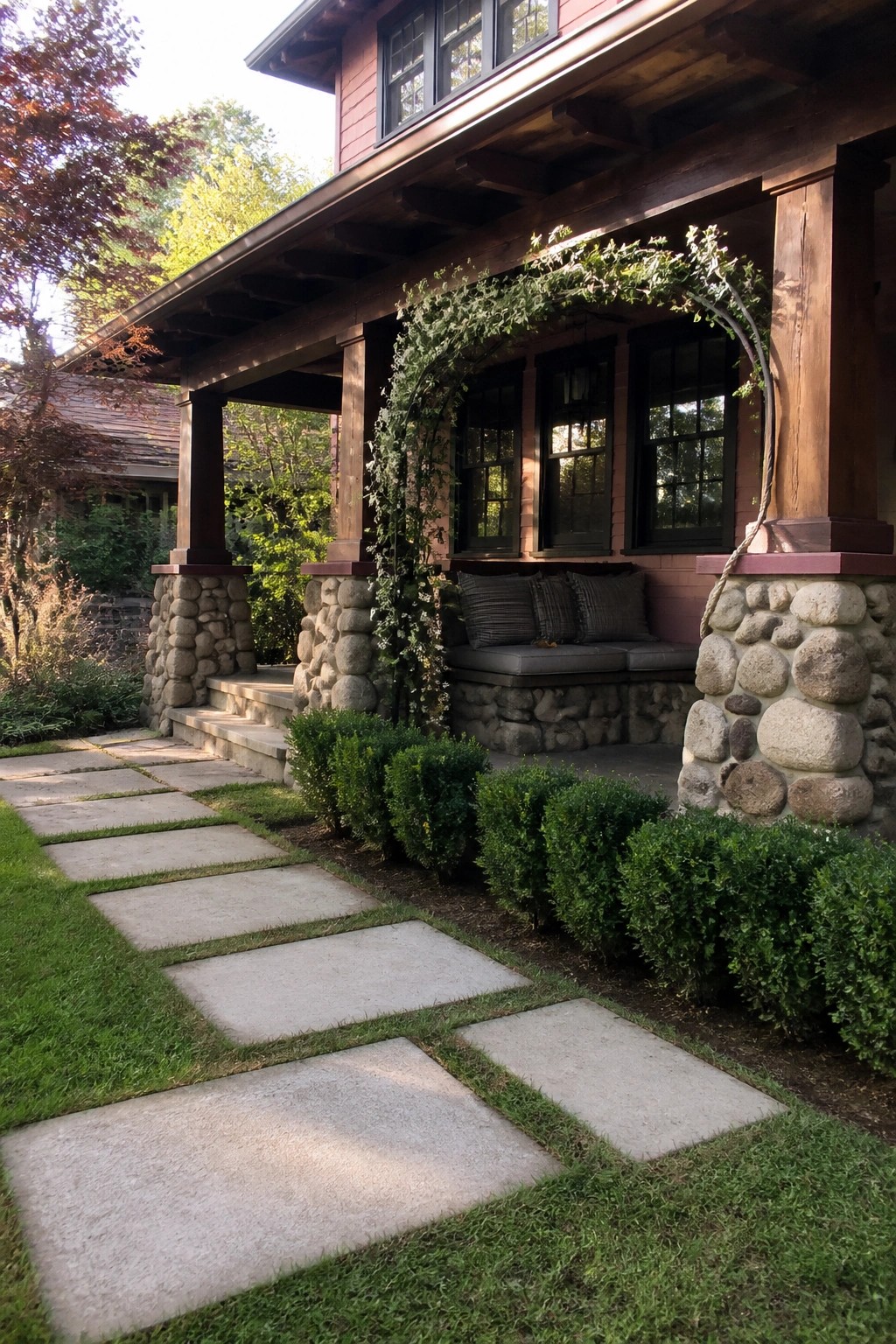 Stone pathway leads to vine-covered arch and cushioned bench on wooden porch.