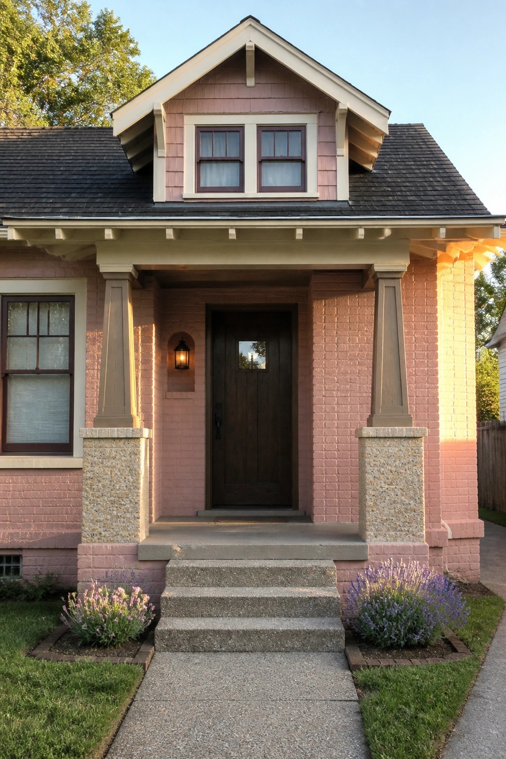 Pink brick bungalow with dark door, stone columns, concrete steps, and lavender plants.