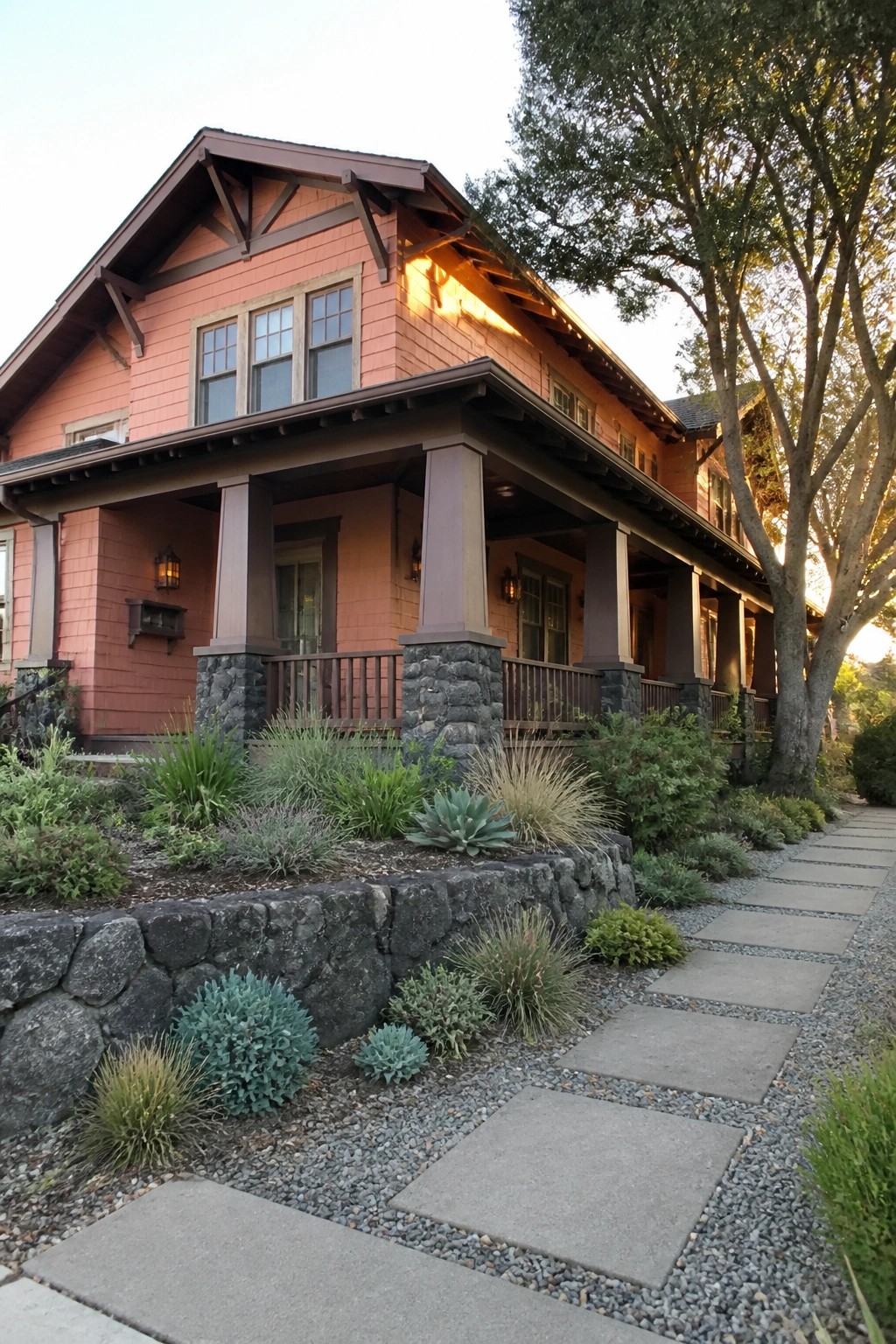 Two-story peach house with stone porch pillars, garden plants, and stone pathway