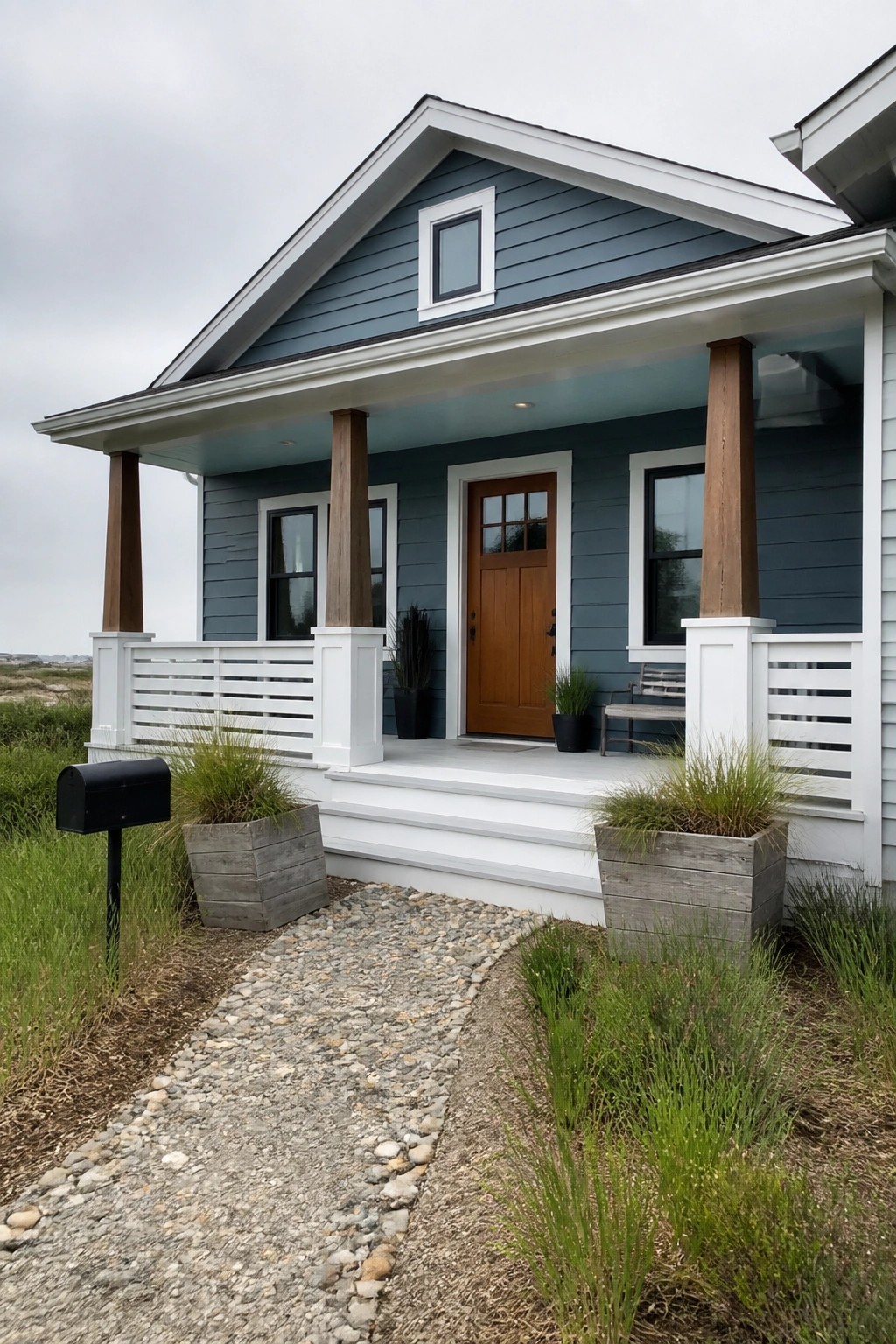 Blue house with white porch, wooden columns, brown door, and gravel path.