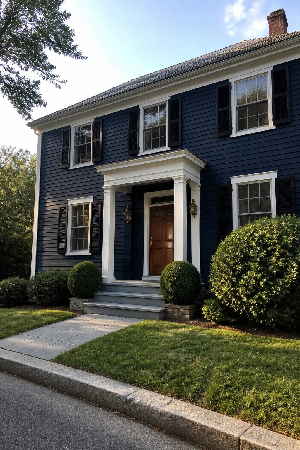 Two-story navy blue house with white columns, black shutters, and green shrubs.