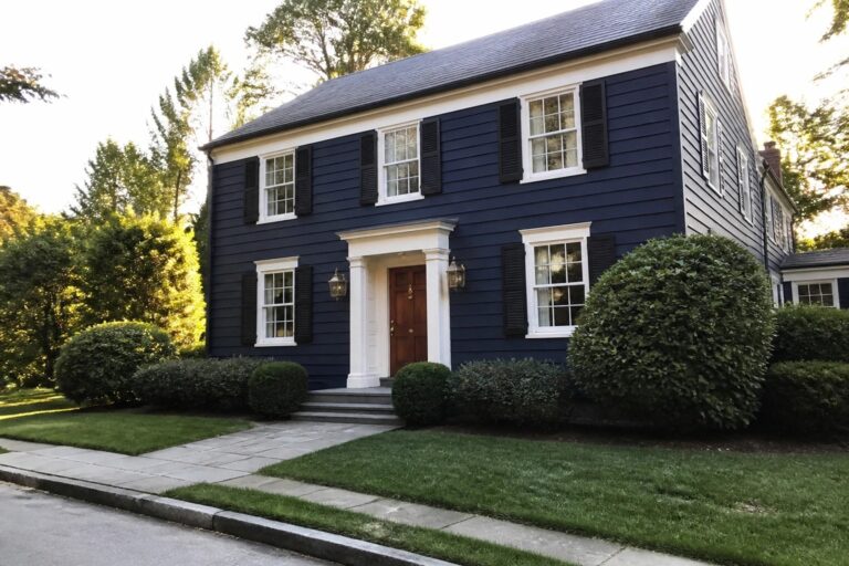Two-story navy blue house with white columns, black shutters, and green shrubs.