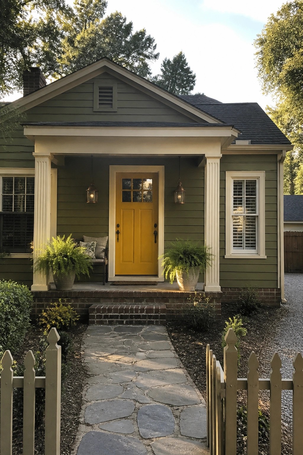 Green house siding with white trim and a red brick foundation.