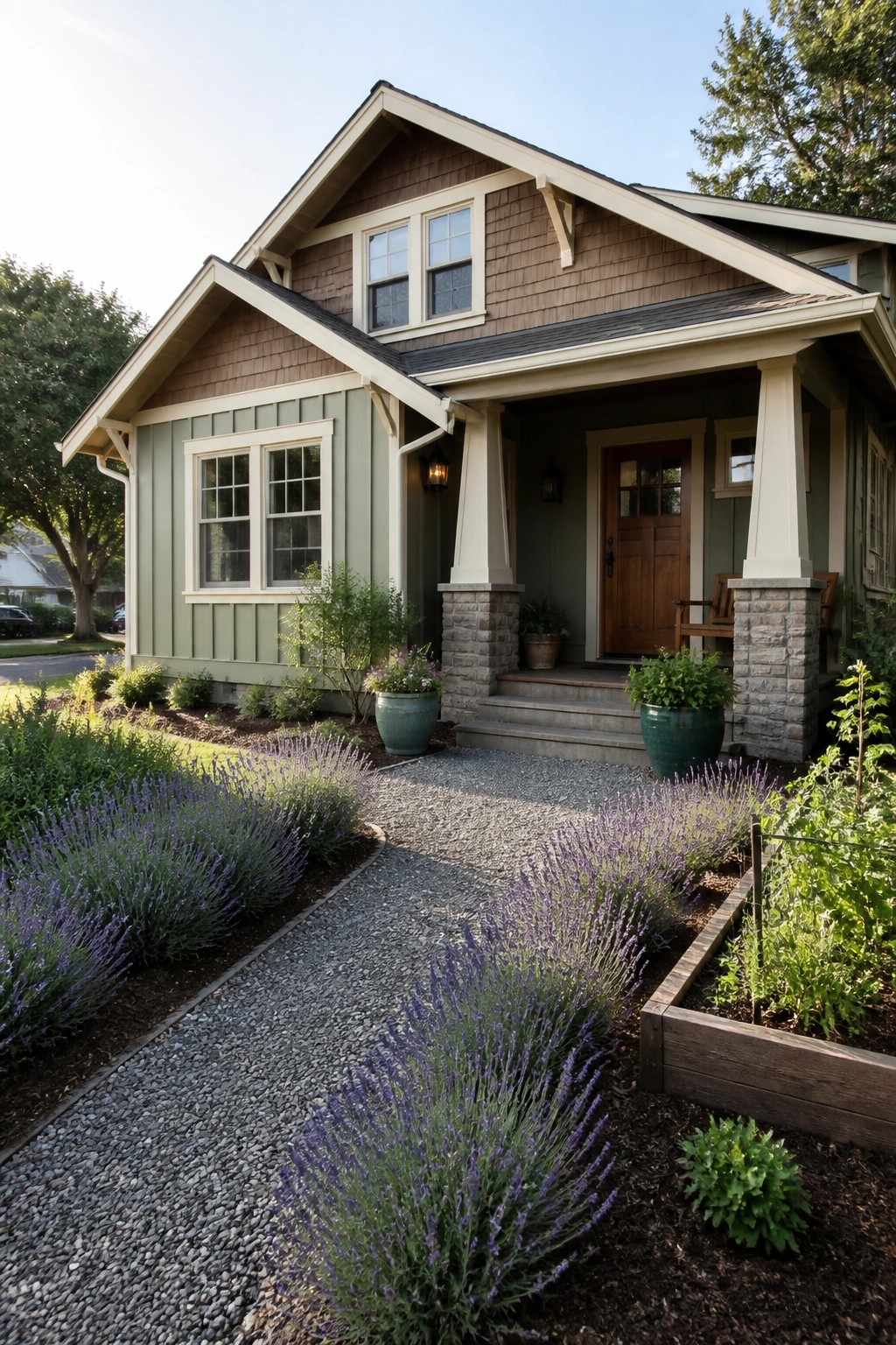 A house with muted sage green siding, stone porch pillars, and gravel path.