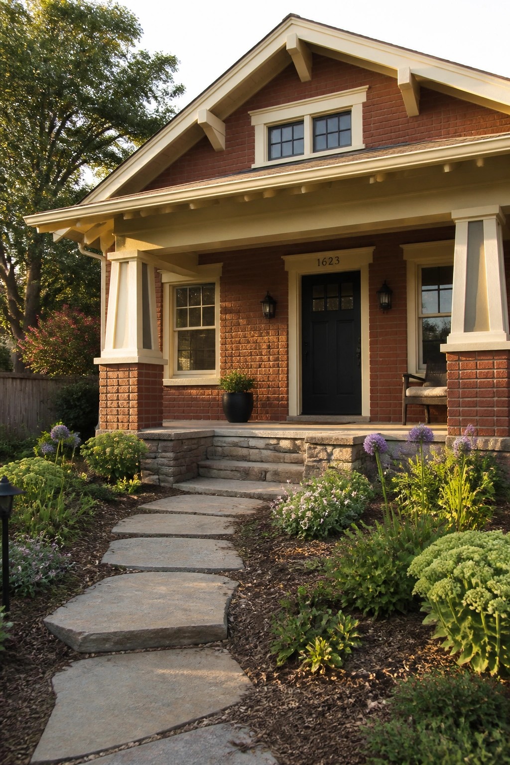 Red brick house with black door, porch, stone path, and lush garden.