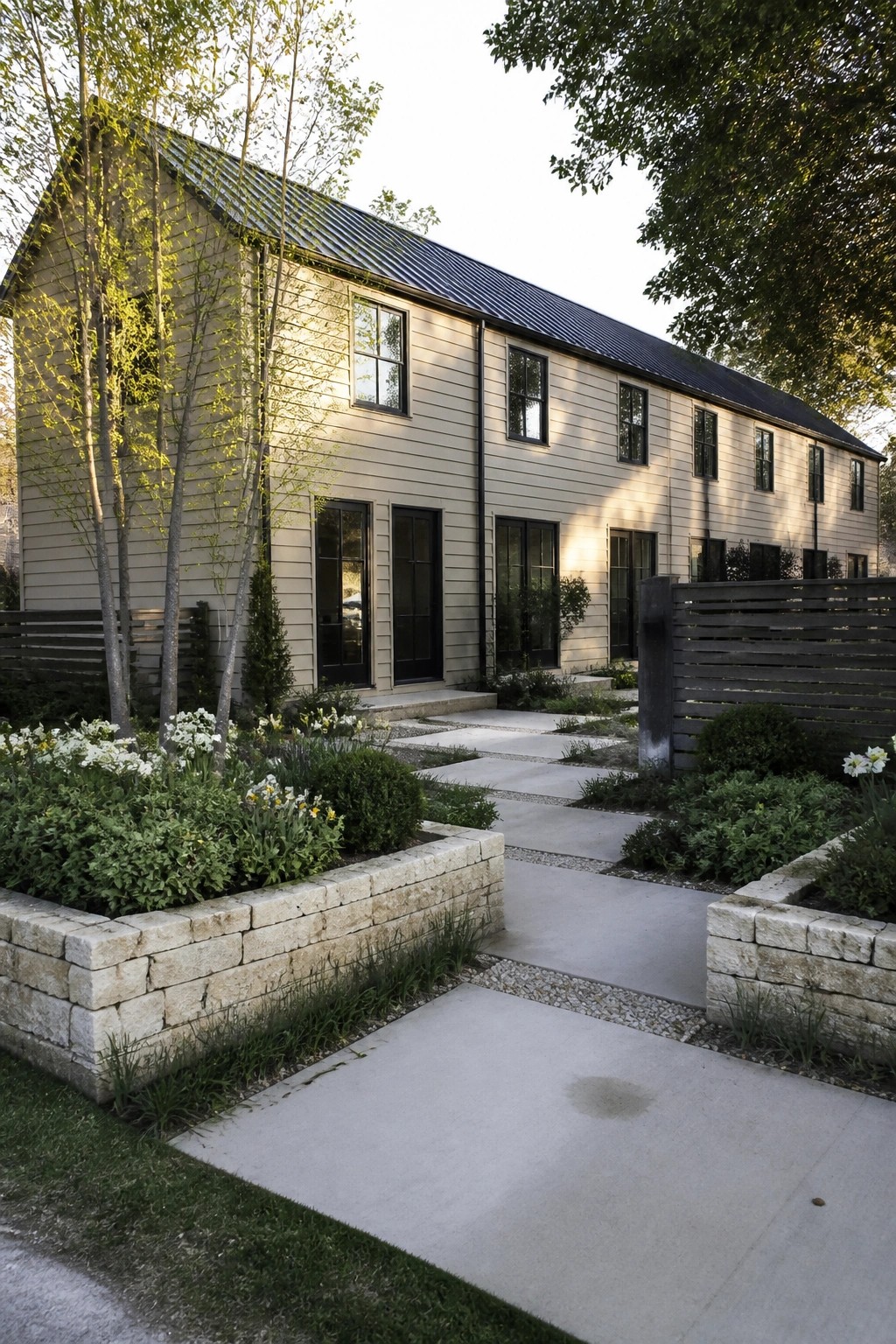 A two-story beige house with black-framed windows and doors, stone retaining walls, concrete walkways, and landscaped garden beds in front.