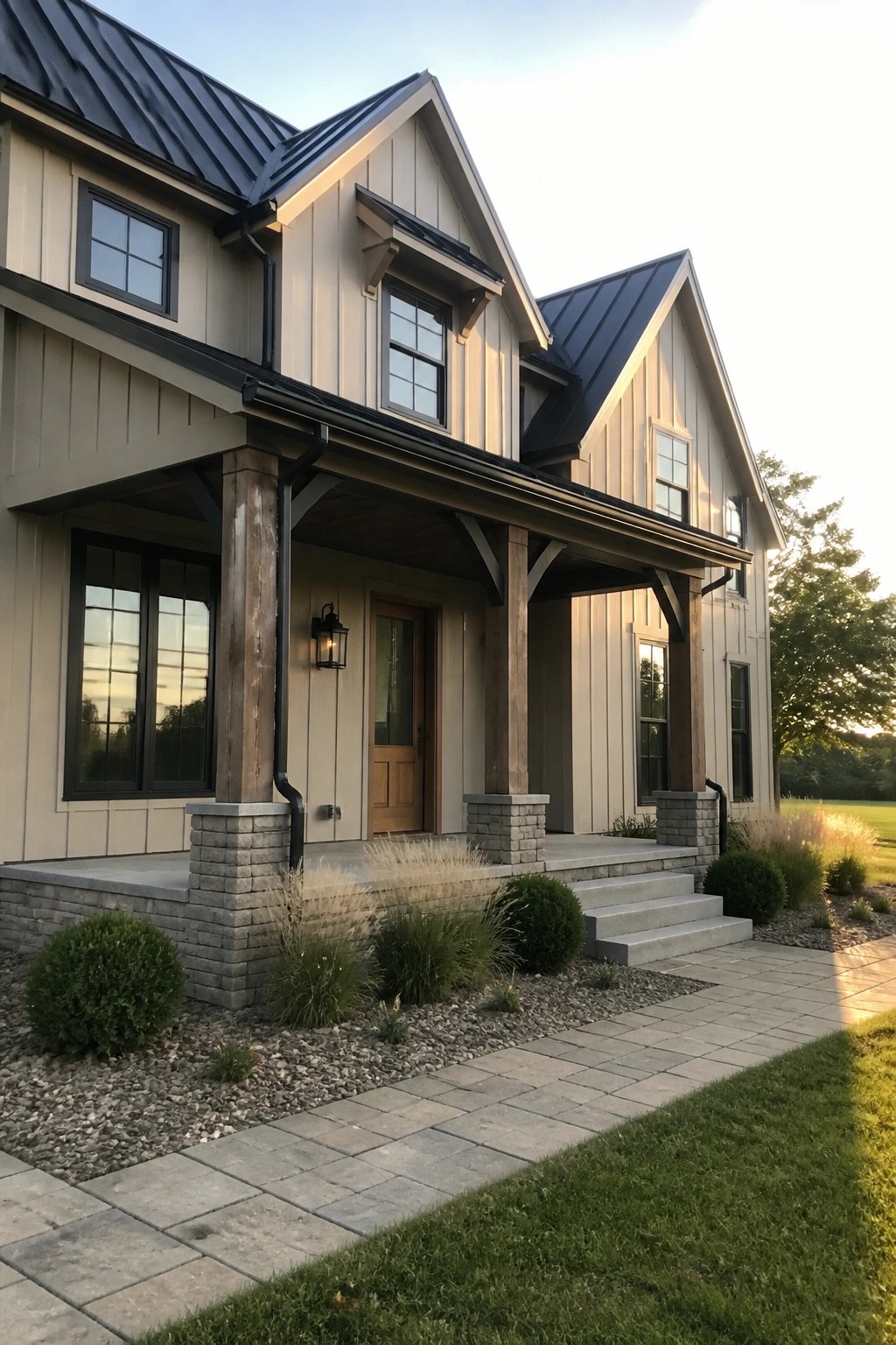 A two-story beige farmhouse with black metal roofing, black trim, and a covered front porch supported by wooden posts on stone bases.