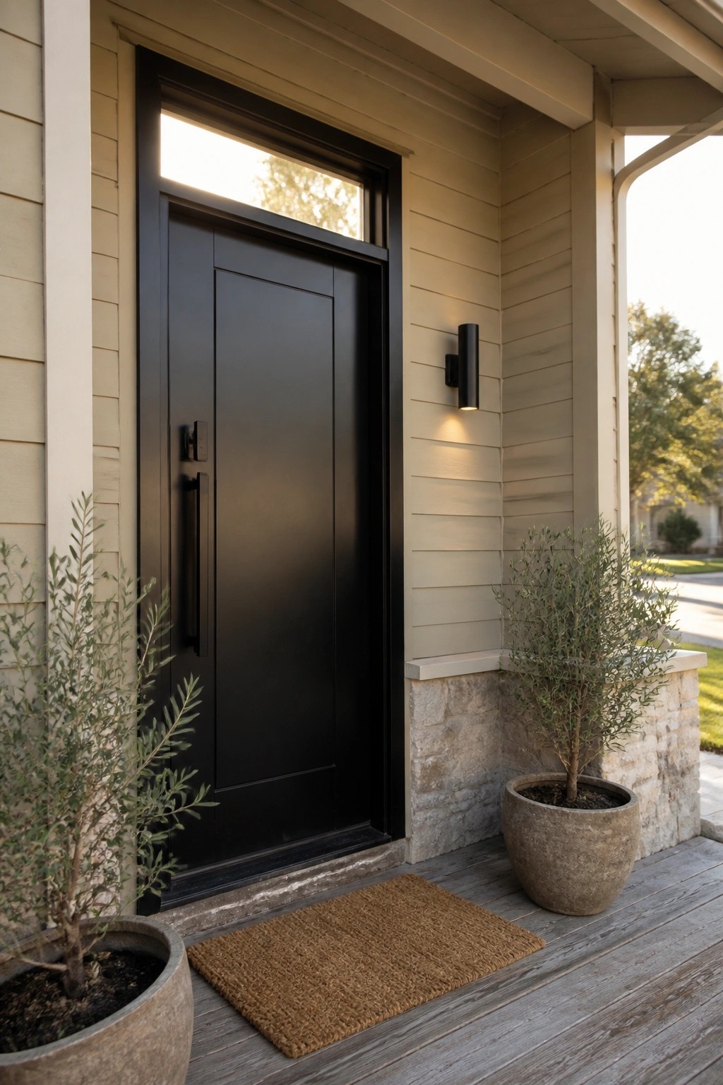Modern black door with transom, sconce light, potted olive trees, and doormat on porch.