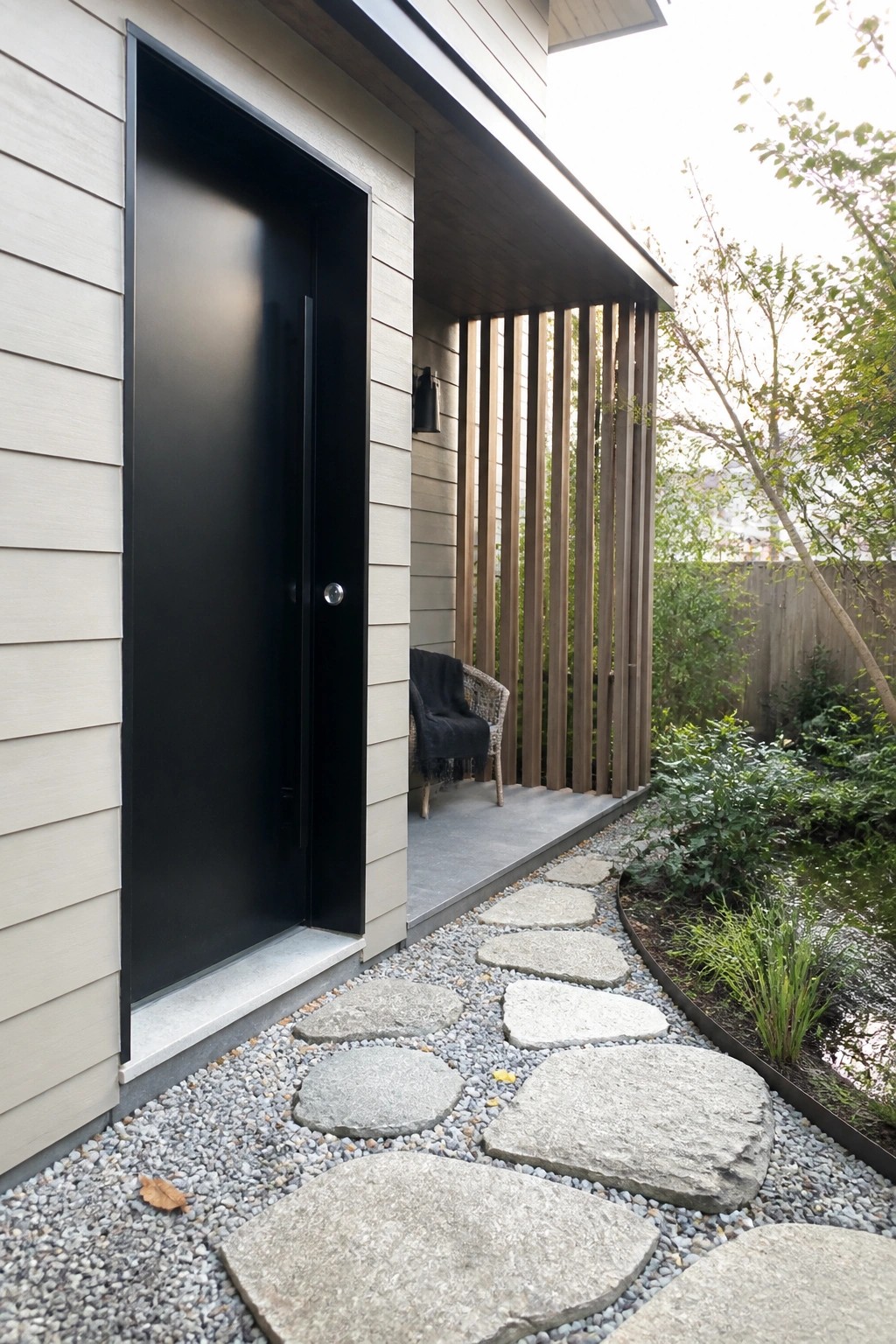 Modern entry with black door, stone path on gravel, wicker chair on porch.