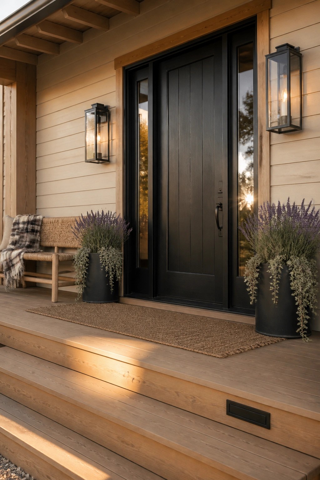 Front entry of a house with light wood siding, a black door, two black wall lanterns, potted lavender plants, a woven bench, and wooden steps with a doormat.