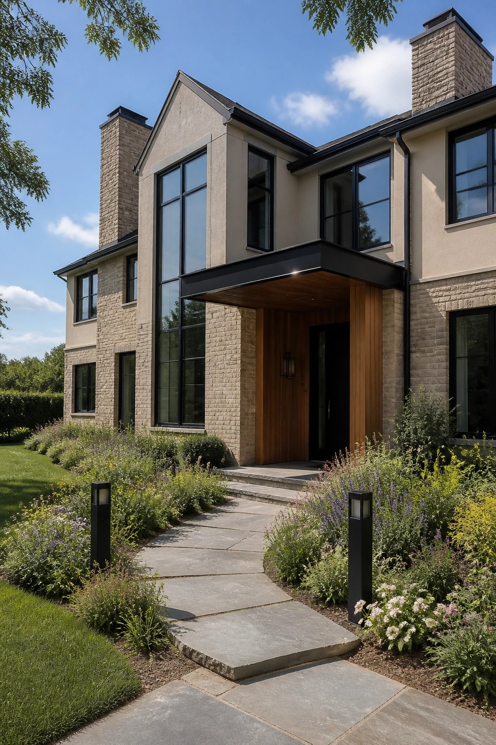 Front view of a beige stone house with black-framed windows, a black flat canopy over the entry, and vertical wood siding beside the wooden front door.