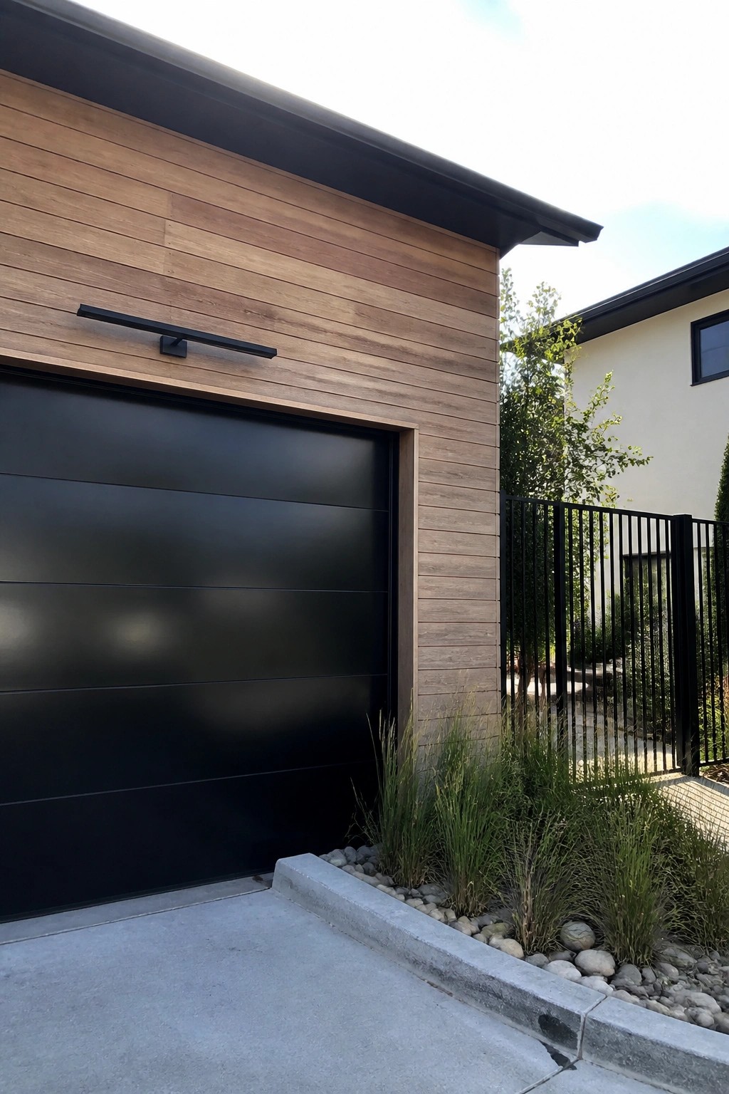 A house exterior with horizontal wood siding above a black multi-panel garage door, a long black exterior light, and gravel landscaping along the concrete driveway.
