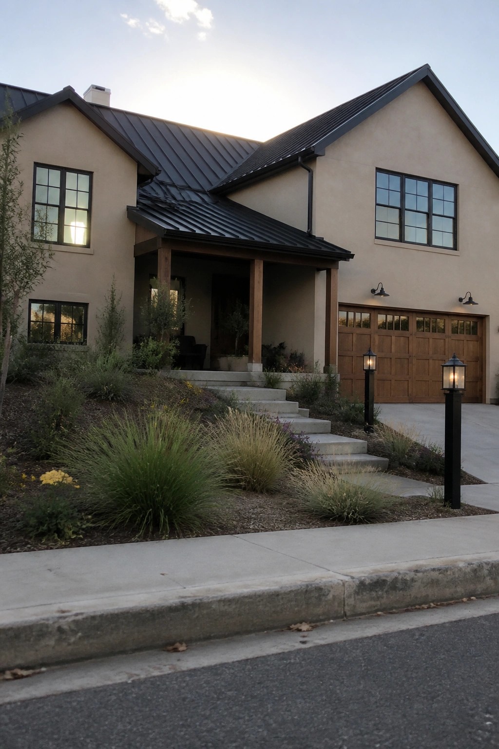 Modern beige house with dark metal roof, wooden garage, porch, steps, and lit lamps.