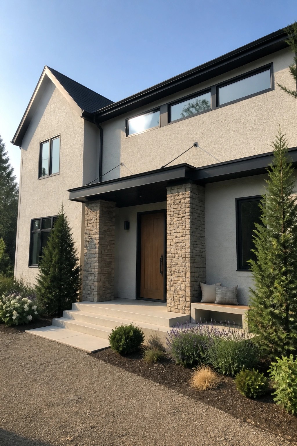A two-story beige stucco house with black trim, stone columns at the entry, and a wooden front door.