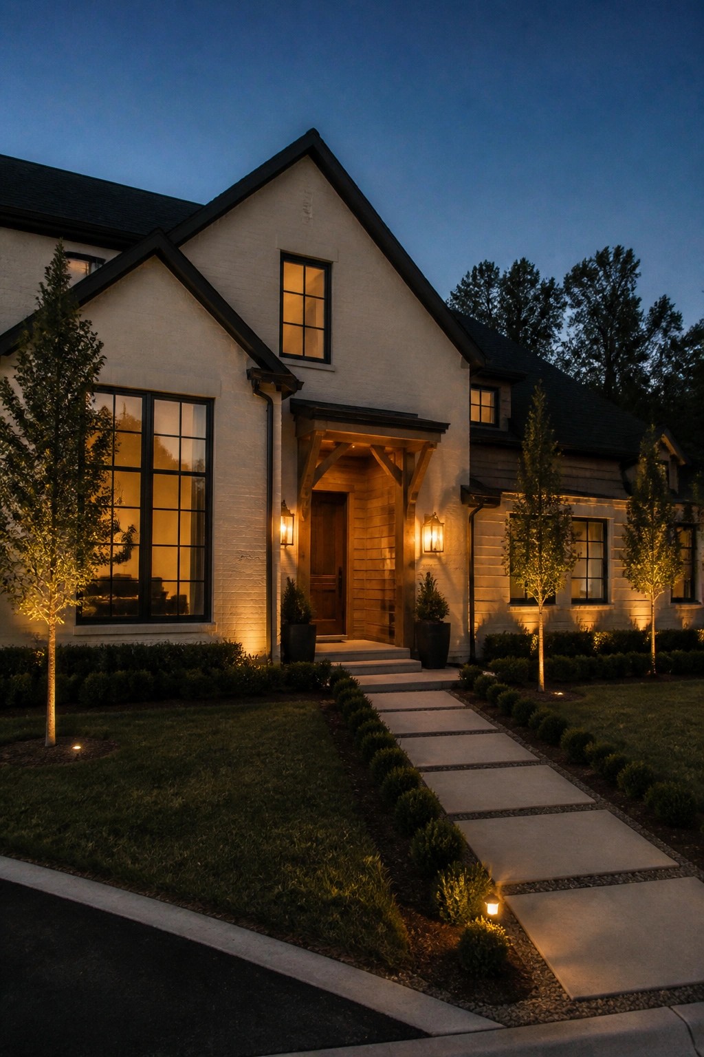 Illuminated two-story white house with wooden porch at dusk along stone walkway.