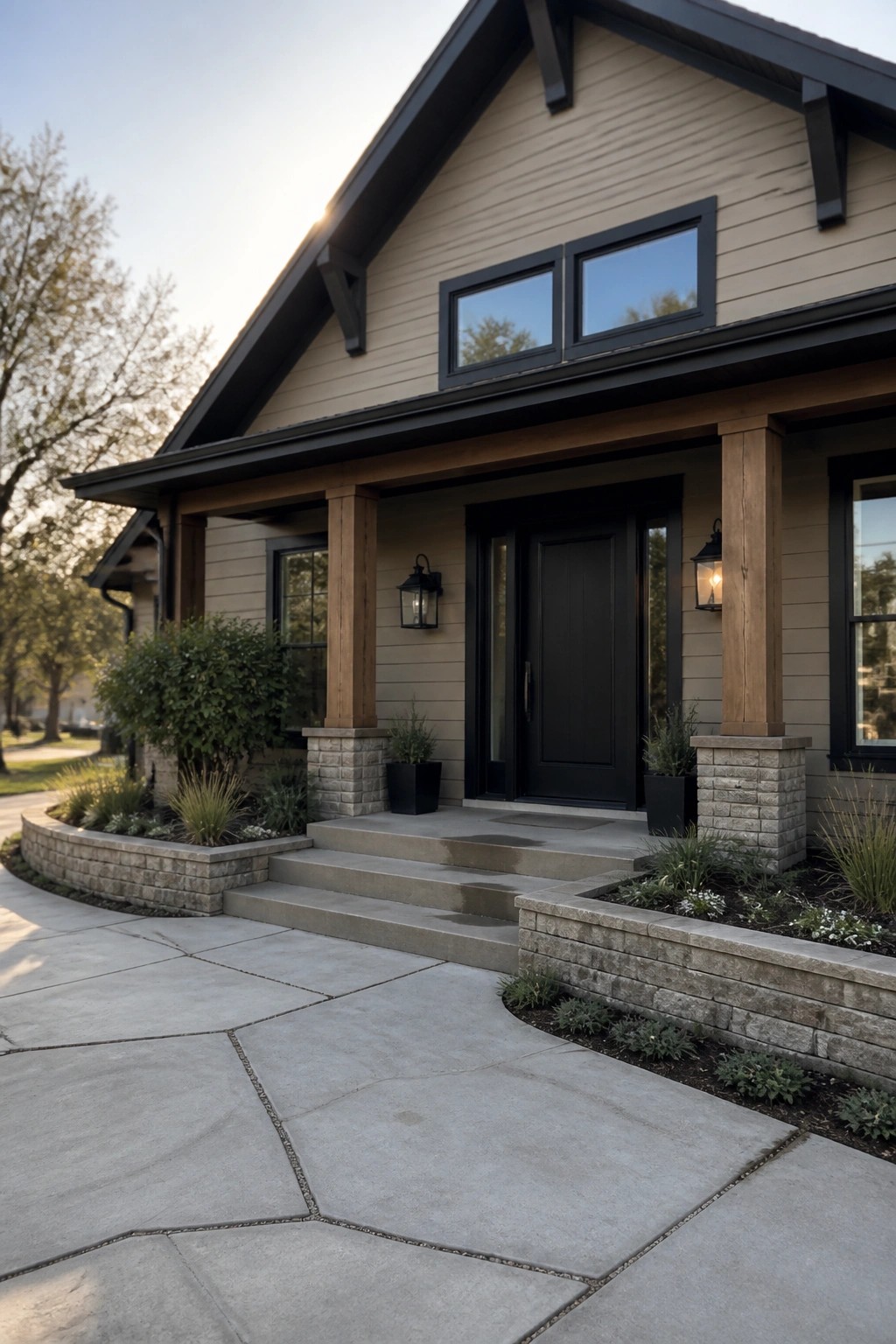 Front view of a beige house with black trim, a black front door, and a porch with wooden posts on stone bases.
