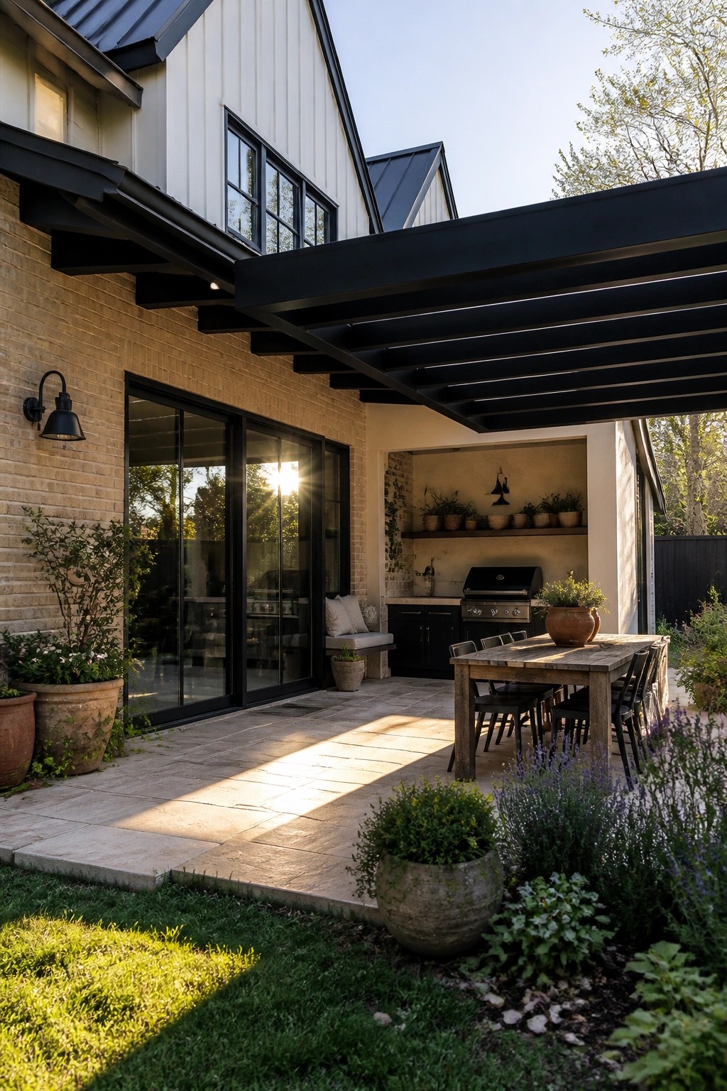 A contemporary farmhouse exterior with beige brick and white siding, black trim and windows, and a stone patio under a black metal pergola that includes a wooden dining table and an outdoor kitchen.
