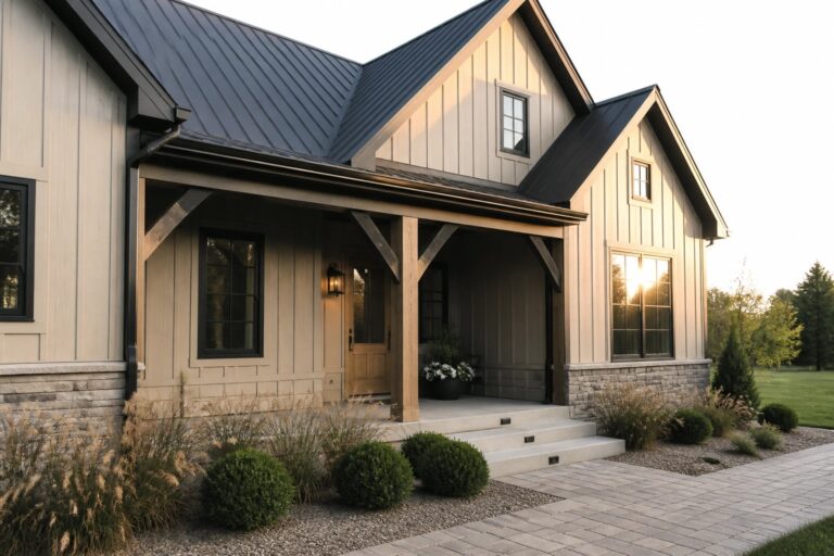 A two-story beige farmhouse with black metal roofing, black trim, and a covered front porch supported by wooden posts on stone bases.