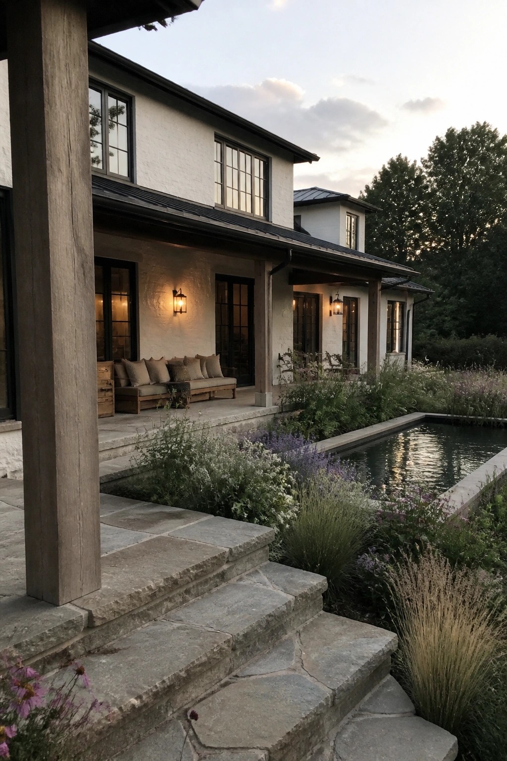 A contemporary farmhouse with light beige stucco walls, black-framed windows and doors, a stone porch with seating, and a long rectangular pool bordered by landscaping.