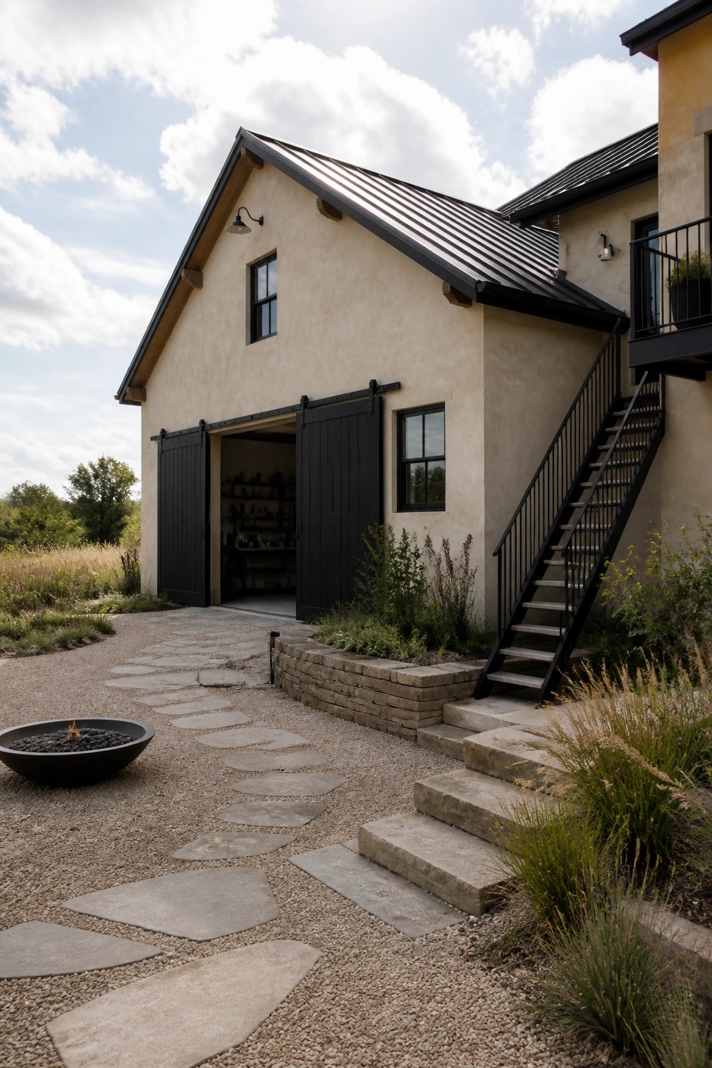 A beige stucco house exterior with a black metal roof, black sliding barn doors, and a gravel path with stone steps leading past a fire pit.