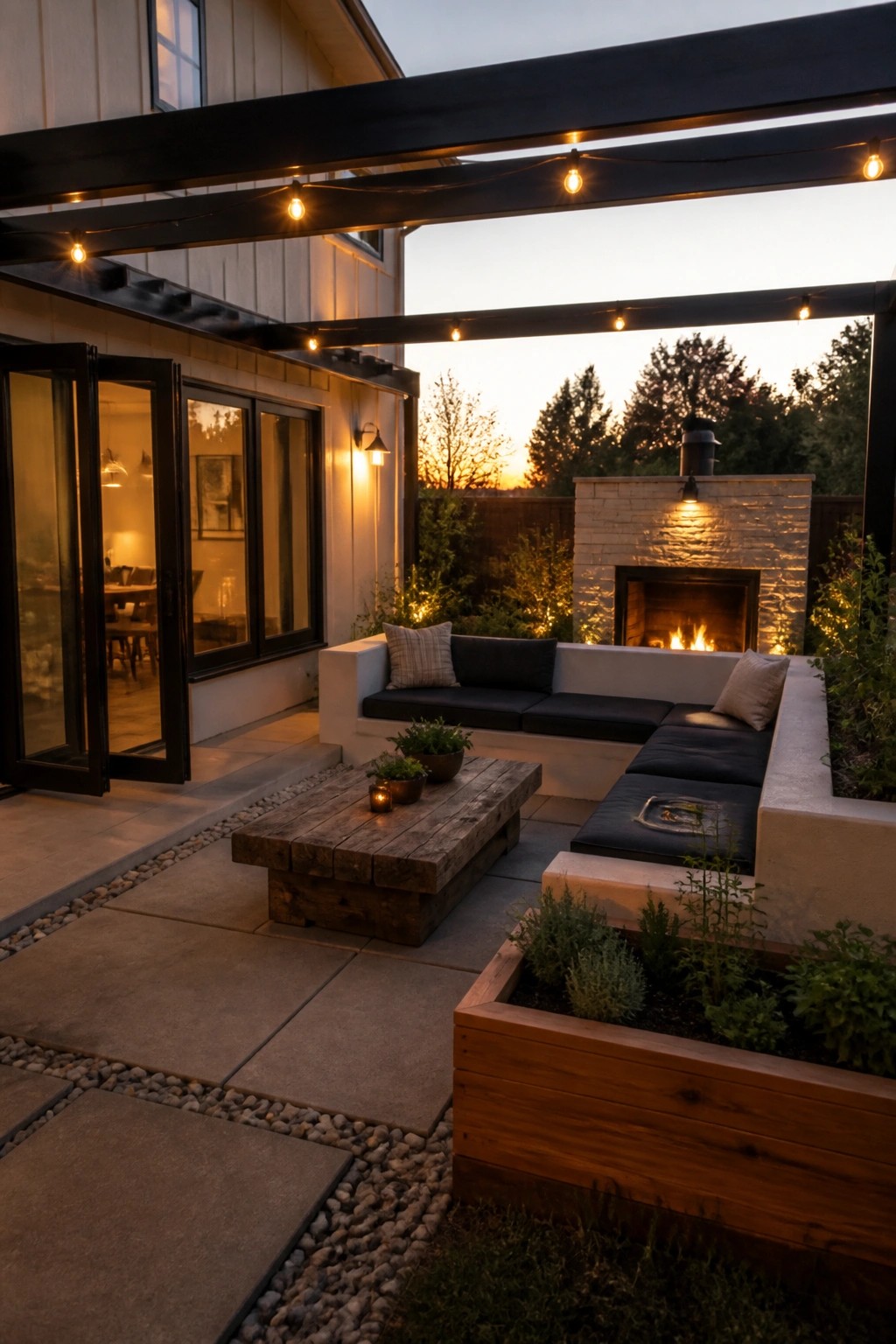 Outdoor patio with built-in concrete seating, wooden coffee table, string lights on a black pergola, and a stone fireplace at dusk.