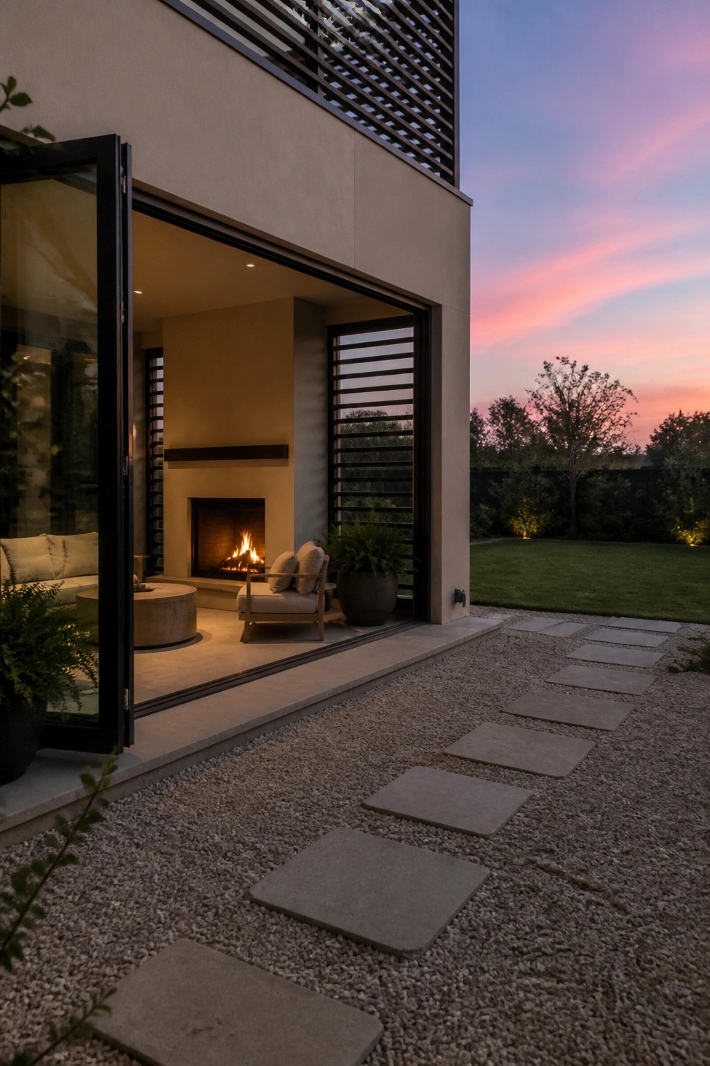 Modern home with open doors, lit fireplace, gravel path and pink sunset.